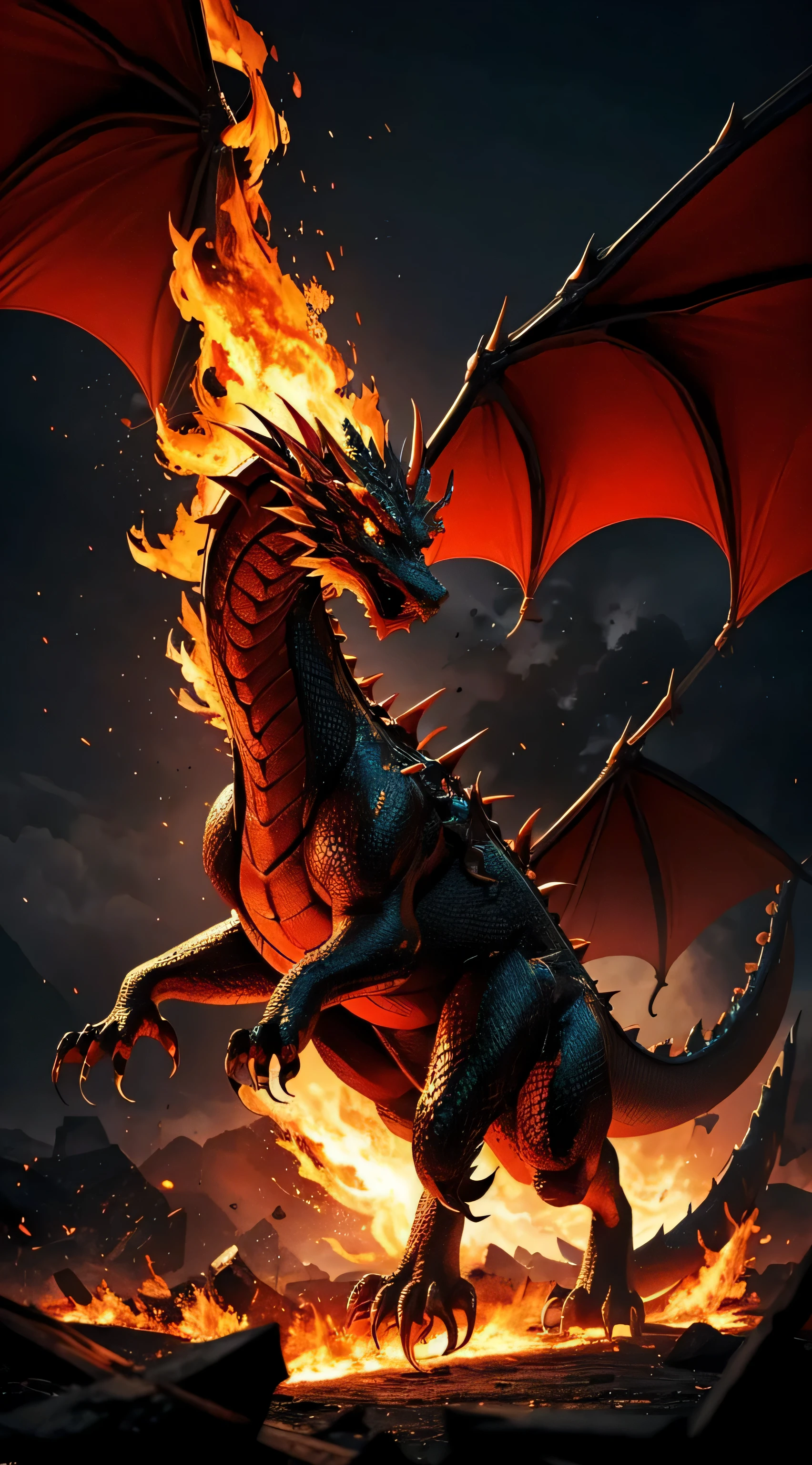 Flaming dragon, burned background, destruction, ultra HD wallpaper, best quality