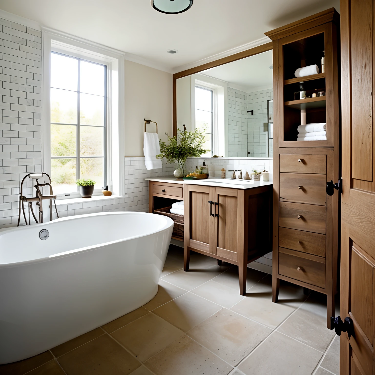 bathroom with a bathtub in a Scandinavian style, 19th-century brick on the wall, and a cabinet under the sink in Sonoma oak.