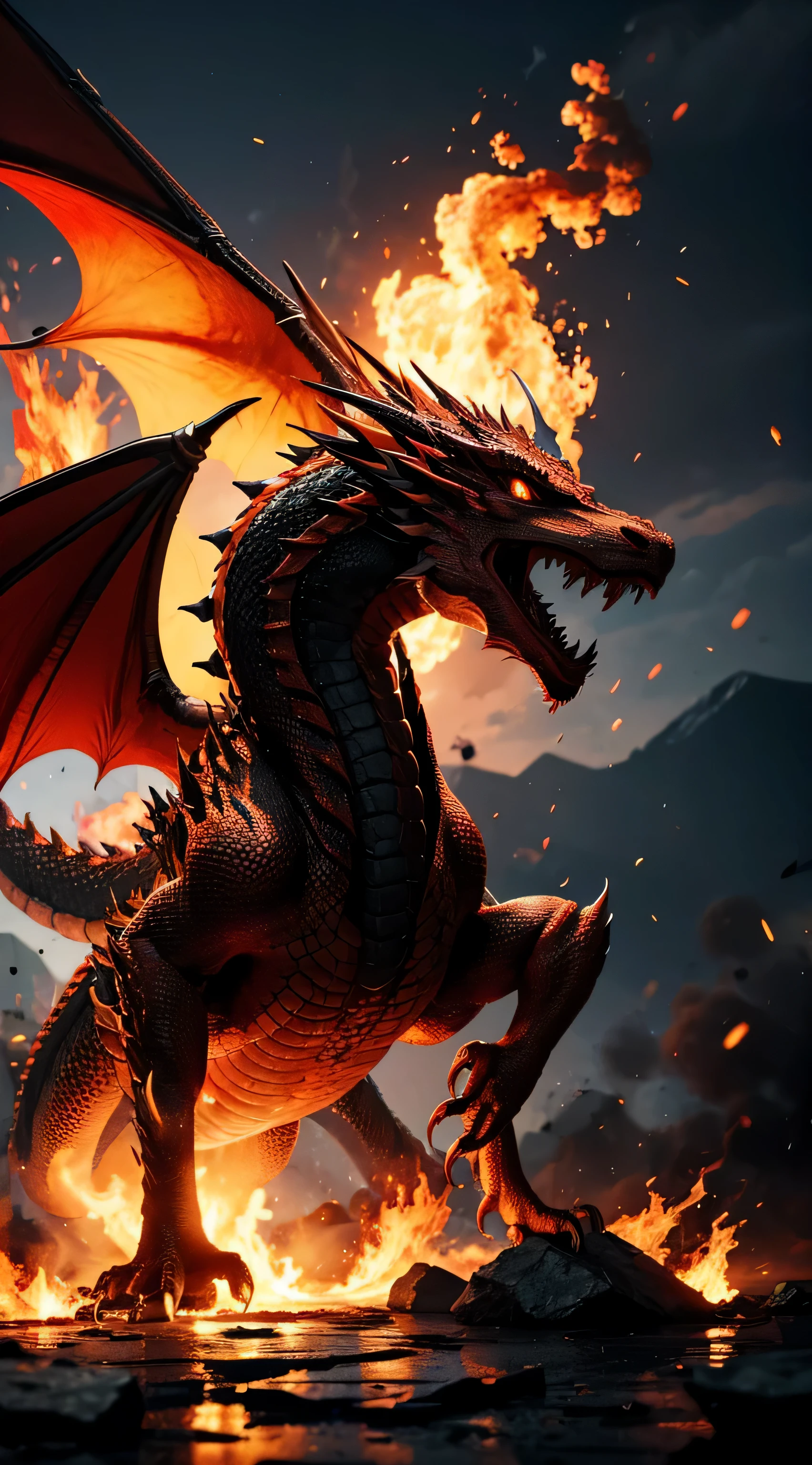 Flaming dragon, burned background, destruction, ultra HD wallpaper, best quality