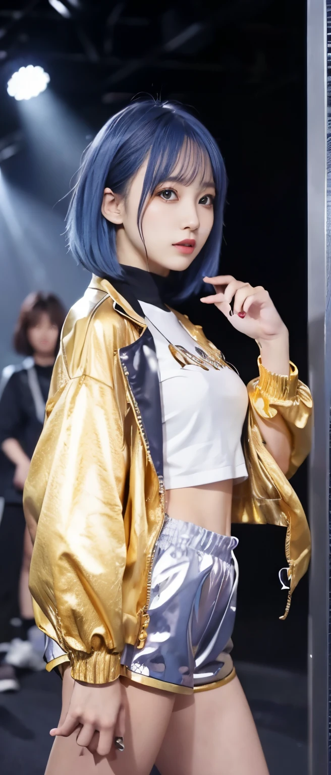 Gorgeous Idol、whole body、good style、、、、、gorgeous gold jacket、shiny tight shorts、blue hair