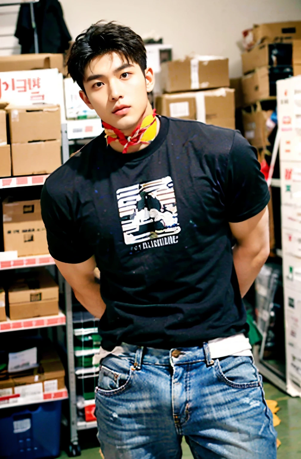 1 handsome Korean guy,19 years old,Male college students practicing sports,Handsome guy,youth sunshine,Who is Shi Yu?, Li Yuanbin, Kim Hyung Tae, Kim Hyung Tae, Yin Shishan, Handsome Korean muscular guy,Broad shoulders and narrow waist,A handsome guy wearing a T-shirt and jeans,Form-fitting fabric contours the bust,in a remote warehouse,hands tied behind back,Hands tied behind the back,hands tied behind back,Masculine and sexy,High,Muscles look good,hairy body,Wheat complexion,black eyes(thin eyes 1:3),whole body image