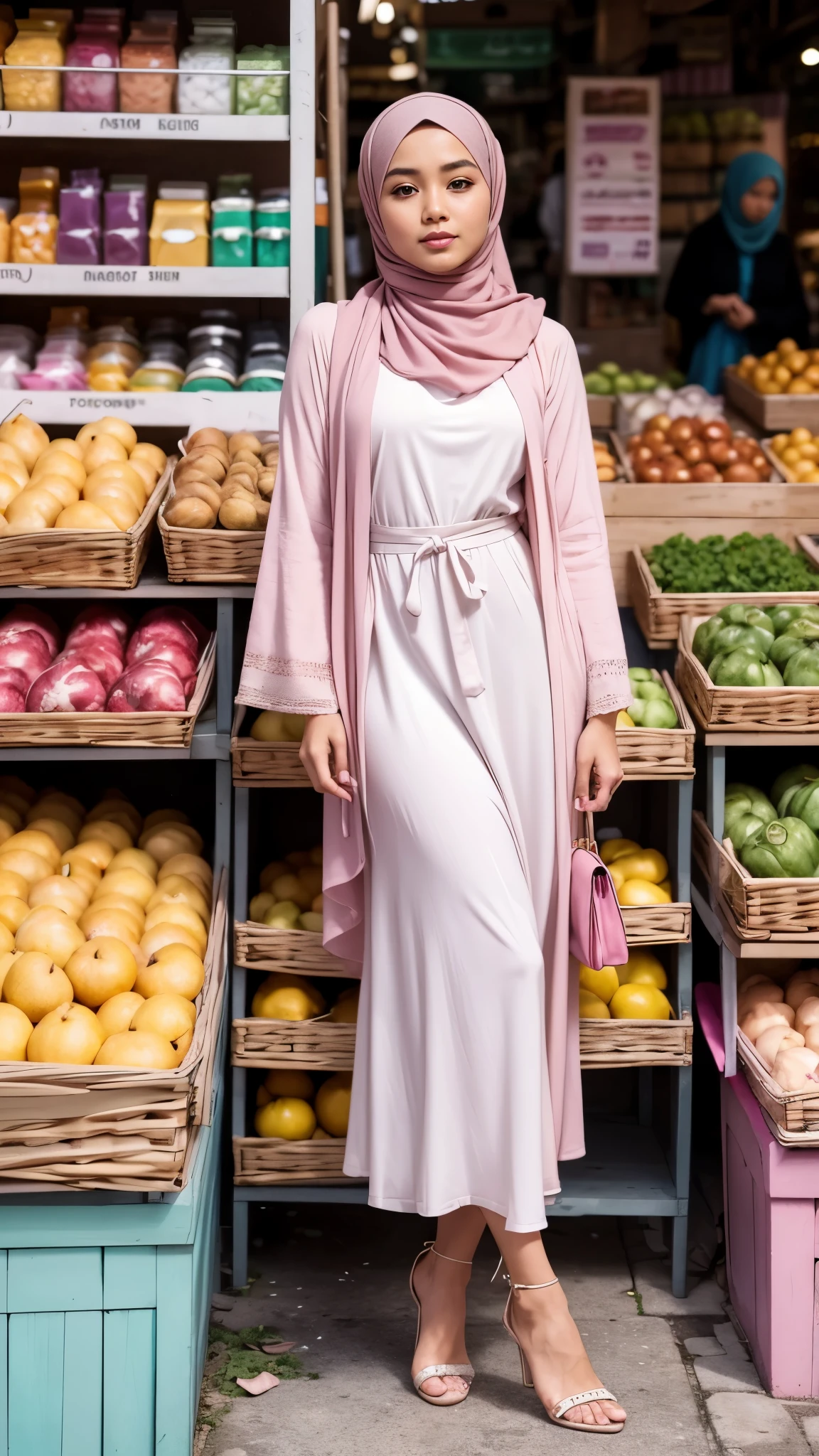 (Full Shot), RAW, Best quality, high resolution, masterpiece: 1.3), highres,4k,HDR, 1 girl, photorealistic,beautiful Indonesian woman in hijab (iu:0.8), Beautiful hijabi Indonesian woman, Masterpiece, Soft smile, bright skin, smooth skin, fair skin, thin face, flat chest, perfect light make up, beautiful eyes, glossy lips, soft smile, perfect face, cute face, perfect body, Beautiful Indonesian woman wear pastel color hijab in a market, bright sunshine, full length skirt, skirt covers all legs, shawl, long sleeved shirt, wearing pastel colored outer, knitted outer, cardigan outer, wearing heels, beautiful heels, muslim women clothes, clothings cover all body, bright clothing, standing in a market holding a purse, standing femininely, cute pose, cute expression, look at viewer, body to viewer, front facing, full body portrait, from head to toe, tall background