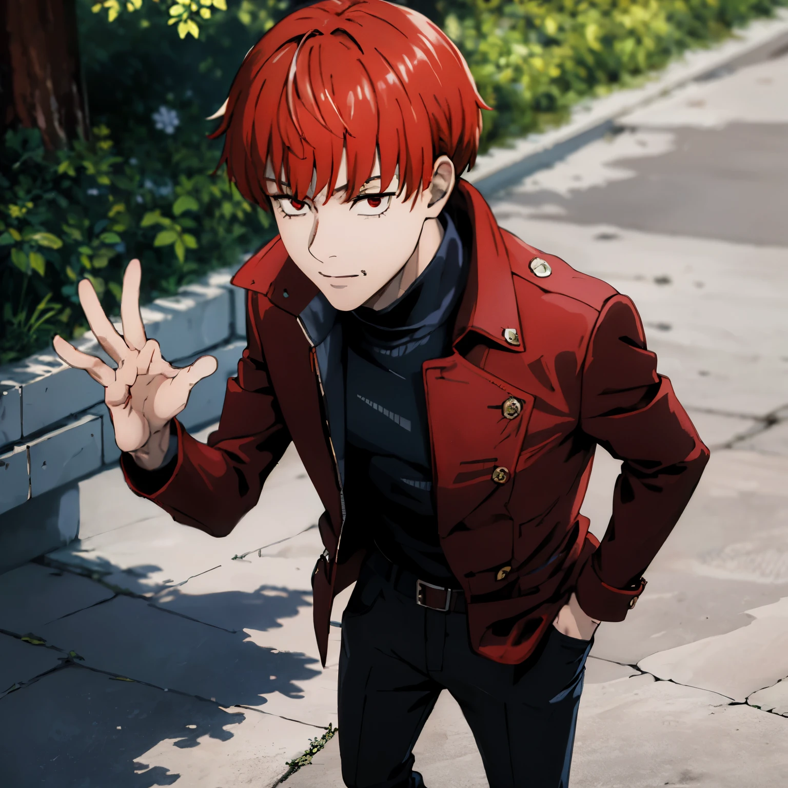 masterpiece,highres,high quality,extremely detailed,solo,outdoors,
red hair, handsome, red eyes
black jacket,popped collar,
pants,
loafers,
stylish_pose,