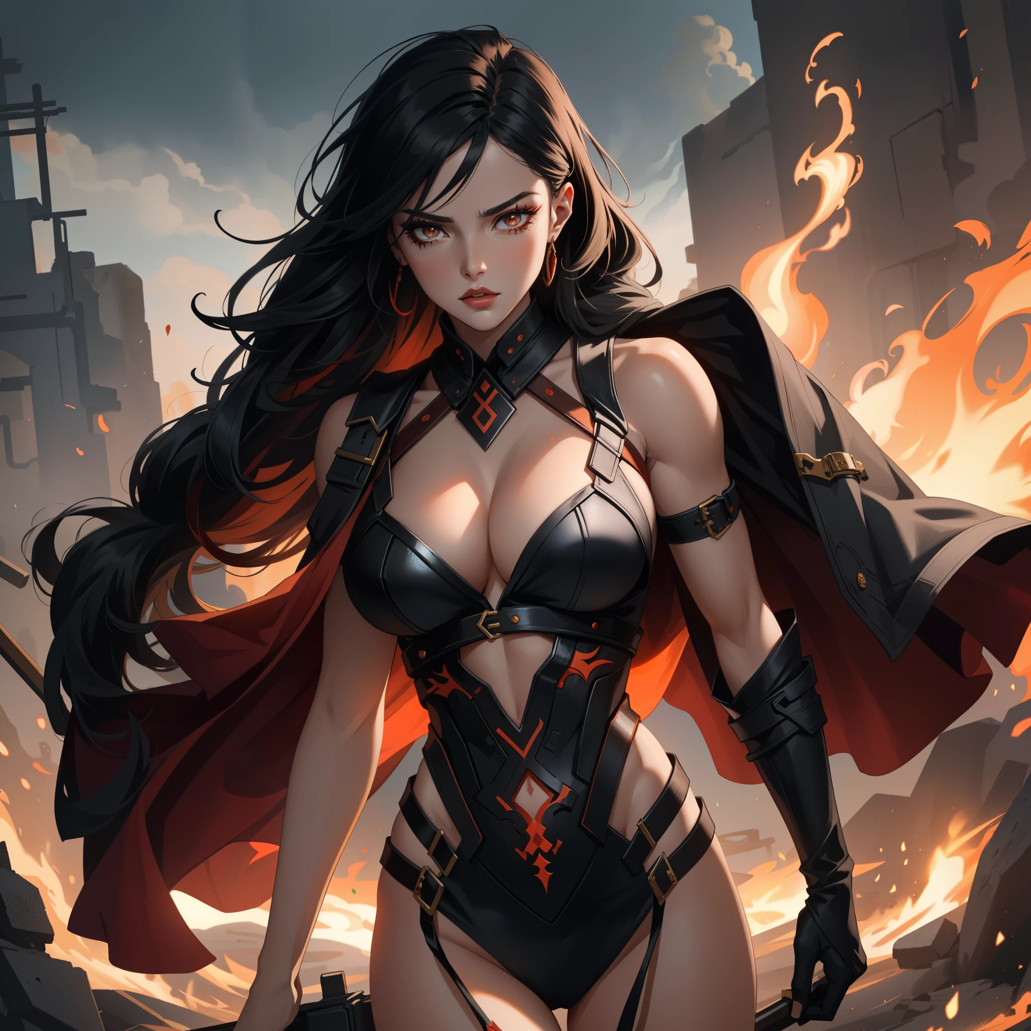 God of War: A goddess figure clad in black armor, her red and orange accents popping against the dark metal. Her shadow demon abilities are depicted in extreme detail, with each shadowy tendril extending from her body shrouded in intricate lines and patterns. The background showcases a gritty, industrial battlefield, with fiery explosions and smoke billowing in the distance. The image is an official art piece, NSFW, exuding an intense and seductive aura. The goddess' face is incredibly lifelike, with piercing gaze, full lips, and high cheekbones. Her figure is perfectly proportioned, highlighting her muscular physique and emphasis on cleavage.