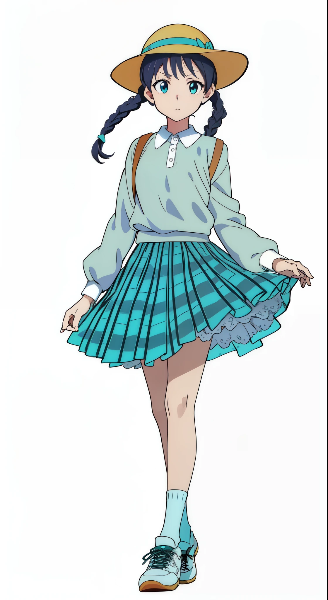 (detailed white petticoat:1.0), (white background:1.0), (best quality:1.0), (masterpiece:1.0), (super fine illustration:1.0), (beautiful artwork:1.0), (anime screencap:1.0), (official art:1.0), (full body:1.0), (solo:1.0), (ESGA:1.0), (a cute girl:1.25), (yellow hat:1.25), (red backpack:1.0), (long skirt:1.0), (green tartan skirt:1.0), (pleated skirt:1.0), (aqua blue polo shirt:1.0), (long sleeve polo shirt:1.0), (sneakers:1.0), (white socks:1.25), (ideal ratio body proportions:1.25), (lanky:1.25), (tall:1.25), (slender:1.25), (small breasts:1.25), (smaller face:1.25), (tareme:1.5), (detailed beautiful eyes:1.5), (detailed beautiful face:1.5), (glowing black eyes:1.1), (short hair:1.0), (twin braids:1.5), (black hair:1.0), (looking at viewer:1.0)