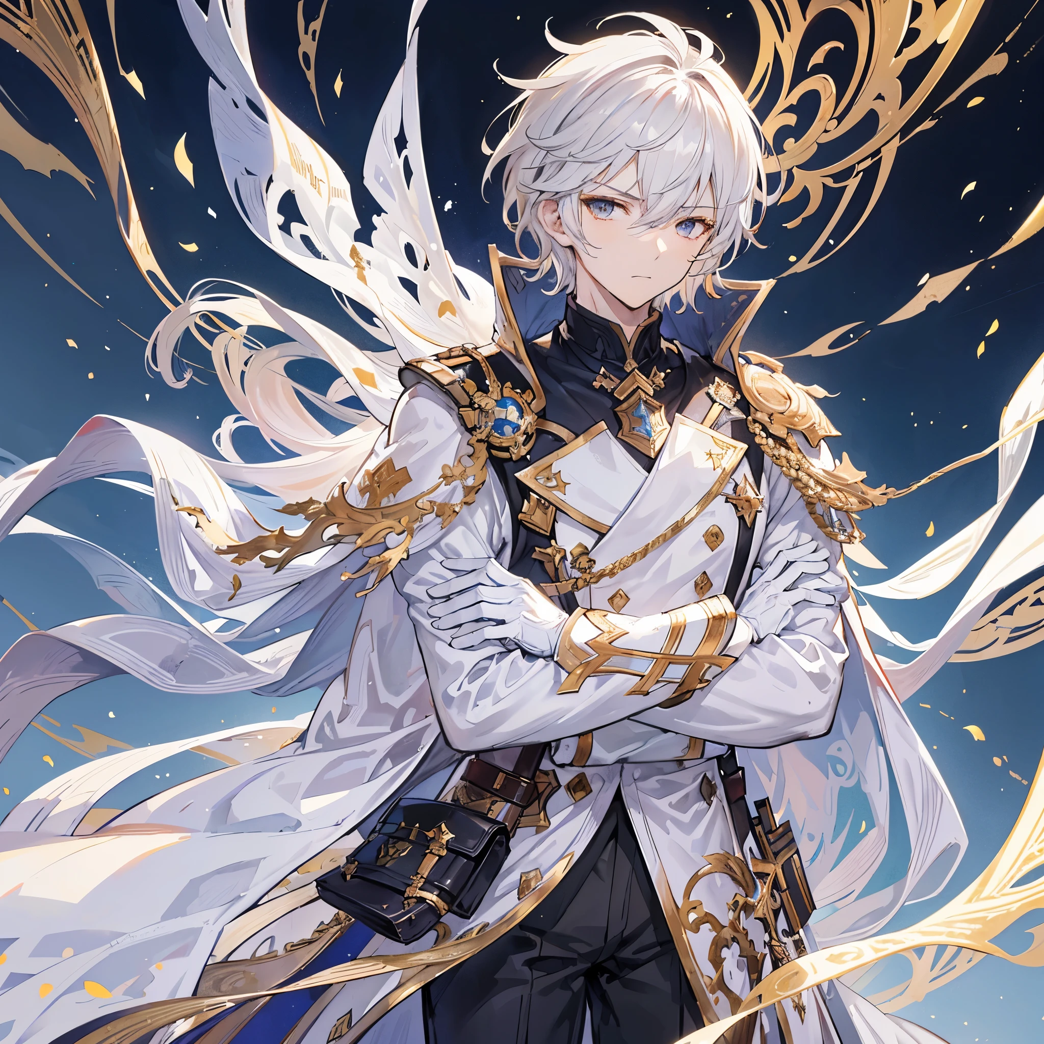 Handsome male, 1male, , teenager, golden lining, short white hair, golden eyes, lucilius from granblue fantasy, close up, calm expression, stoic, white military clothes, white cape, black gloves, crossed arms, upper body, looking at viewer, cowboy shot, black hallway background
