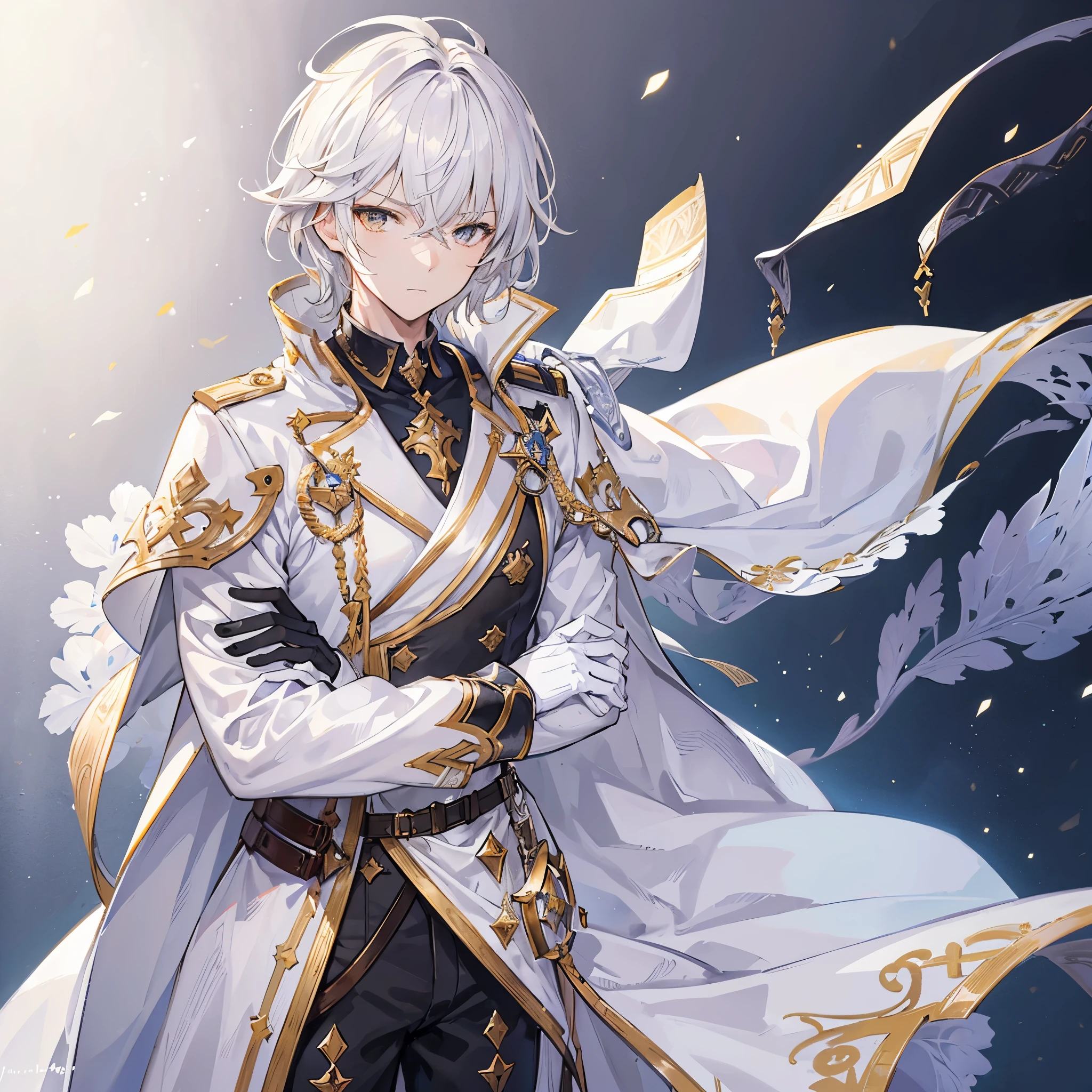 Handsome male, 1male, 17 years old, teenager, golden lining, short white hair, golden eyes, lucilius from granblue fantasy, close up, calm expression, stoic, white military clothes, white cape, black gloves, crossed arms, upper body, looking at viewer, cowboy shot, black hallway background