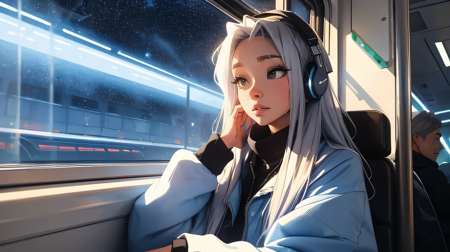 train,  Sit by the window, wearing headphones, take a pensive posture, look at the stars, My head got stuck in the glass, Scenery passing by at high speed, night trip, beautiful starry sky, Beautiful girl, UHD Portraits, (high quality) (ultra detail) Observation of a viewer wearing hip-hop style street clothes; different, fancy, long colored silver hair 🌈