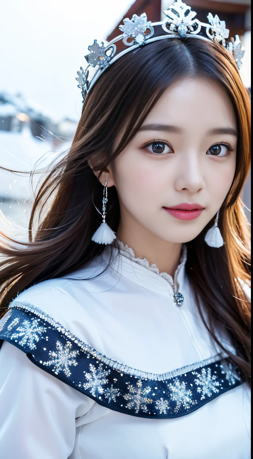 best texture, high quality, ultra hd, 8k, full body photo, panoramic photo, snow, flying snowflakes, dancing in the snow, girl, Lots of Miao silver jewelry, Miao clothing, silver phoenix crown, melon seed face, super detailed face, blue eyes, long eyebrows, Fair skin, long silver hair, flowing long hair, rise with the wind, snowflake colorful gifts, realistic, very detailed, high detail, super clear,