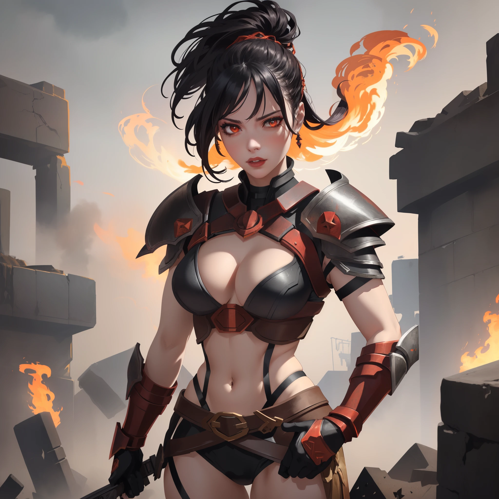 God of War: A goddess figure clad in black armor, her red and orange accents popping against the dark metal. Her shadow demon abilities are depicted in extreme detail, with each shadowy tendril extending from her body shrouded in intricate lines and patterns. The background showcases a gritty, industrial battlefield, with fiery explosions and smoke billowing in the distance. The image is an official art piece, NSFW, exuding an intense and seductive aura. The goddess' face is incredibly lifelike, with piercing gaze, full lips, and high cheekbones. Her figure is perfectly proportioned, highlighting her muscular physique and emphasis on cleavage.