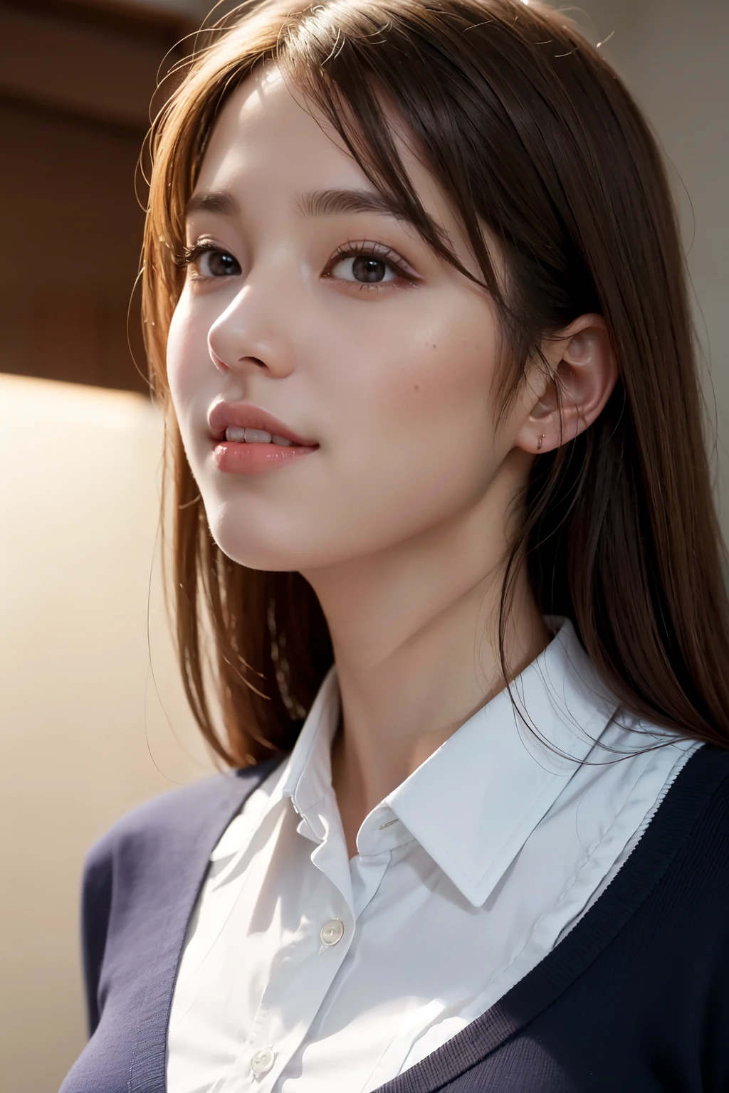 highest quality, masterpiece, (realistic:1.4), 1 girl, light smile, collared shirt, Upper body, dramatic lighting, from below
