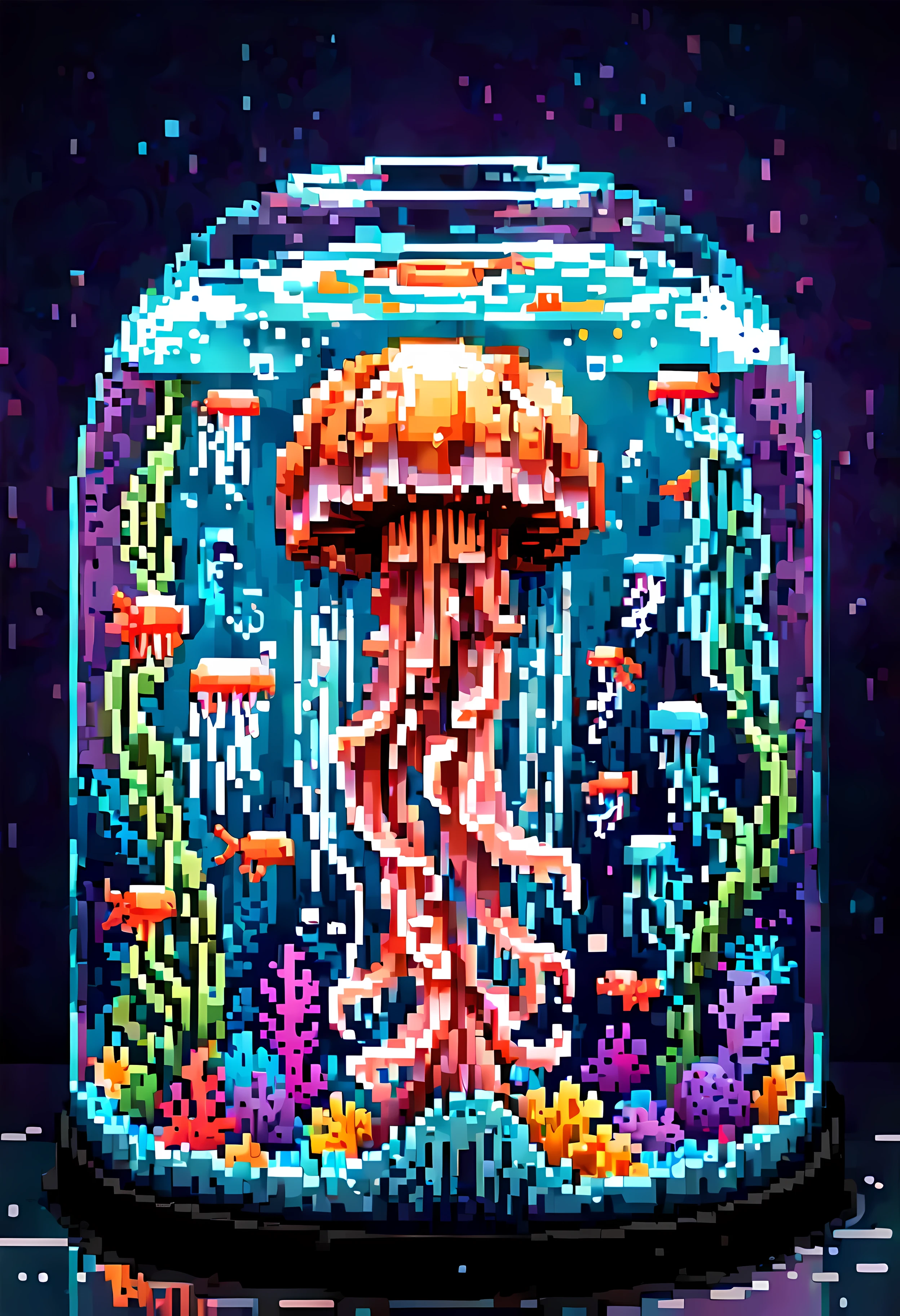 (pixel art:1.4), made of elemental_graffiti, design a enchanting scene featuring majestic jellyfish gracefully floating inside a round aquarium, surrounded by vibrant coral reefs and exotic underwater flora, against the backdrop of abstract blend of cosmic colors and swirling patterns, evoking a sense of mystery and wonder. | ((More_Detail))
