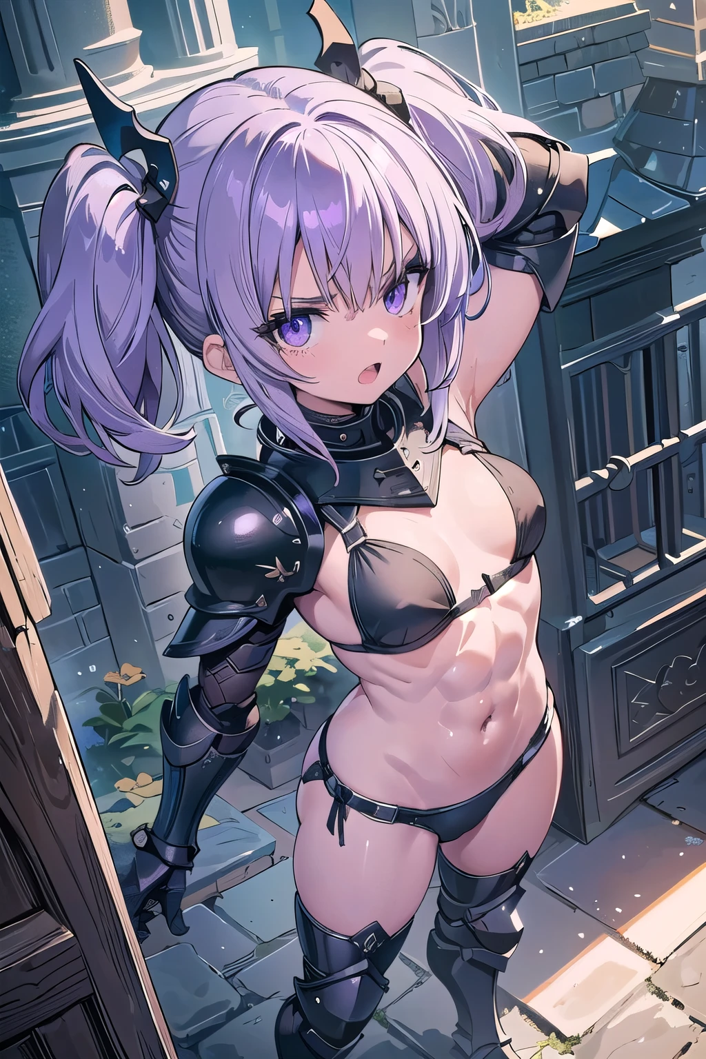 masterpiece, middle ages, Castle, 1 boy, gray eyes, purple hair, twintails, short hair, ((black bikini armor knight)), cute eyes, medium breast, glaring, open mouth, ((from above)), ((front)), open mouth, Vivid depiction, orgasm, scared, arms up behind, ((abs)) ahegao, angry, ((small breasts)), dark black knight armor