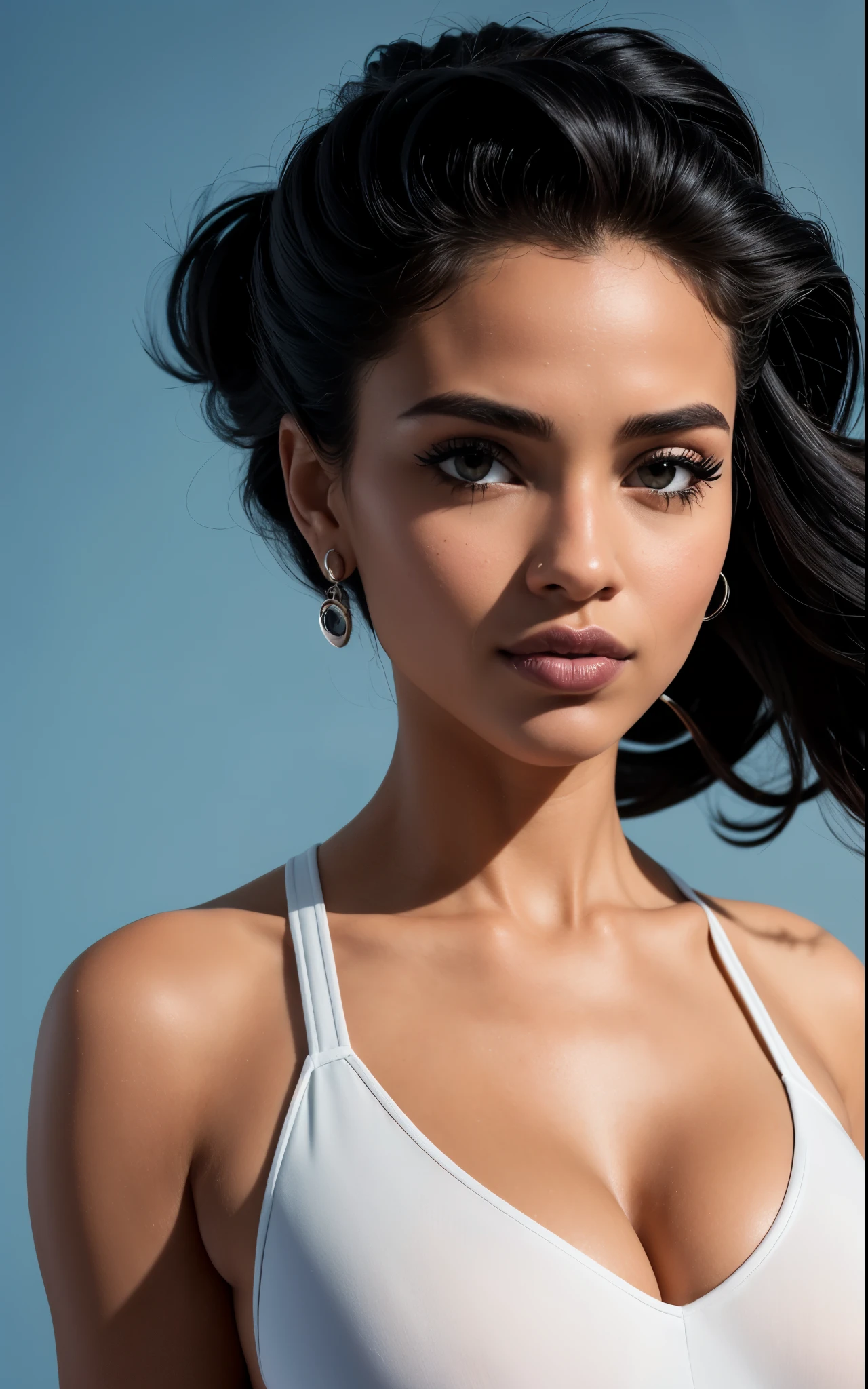 um close up de uma mulher com um top branco e cabelo preto