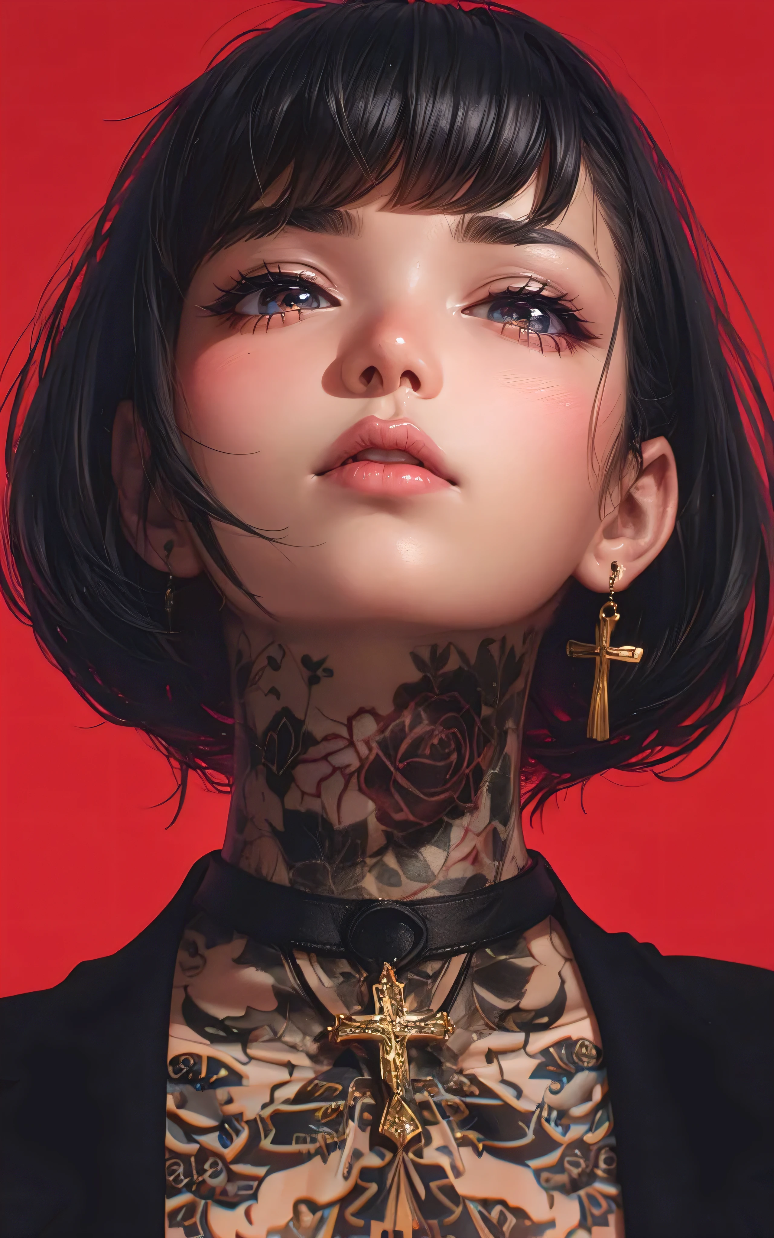 Close-up portrait of a whimsical Gothic 80's grunge punk rocker girl with liquid red cherry jelly, white dahlias and black roses , com cabelo preto vibrante, radiant skin adorned with sugar skull makeup and red cherry jelly under eyes, and plump, shiny lips. Tattoos that tell stories in ink spread across the neck. She wears upside down golden cross earrings, adding a touch of beautiful elegance. The expression is dreamy and radiant, olhos olhando para cima, reflecting a story of desire yet to be told. The background is a soft, hazy fluorescent bioluminescent violet blue on black, complementando seu rosto animado, mas sereno. estilo: Hiper-detalhado, soft pastel aesthetic with a touch of shine. uHigh definition, dslr, alta qualidade, film grain, detalhe intrincado, High definitionr, Subsurface Dispersion, luz especular, high resolution, bioluminescent lighting sfx, Desvio para o vermelho, dust, ambient rear lighting, brilhante, High definition textures, Cinematic lighting, ultra alto contraste, Cinematic, volumetric, Atmospheric lighting, dynamic cinema movie poster, 900mm, cinematic angle, hiper detalhado, sombras duras, intricate level of detail, High definition, textura detalhada, rastreamento de raios, sombras duras, trends in the art season + uHigh definition + 3d + octane rendering + Motor irreal, 42k
