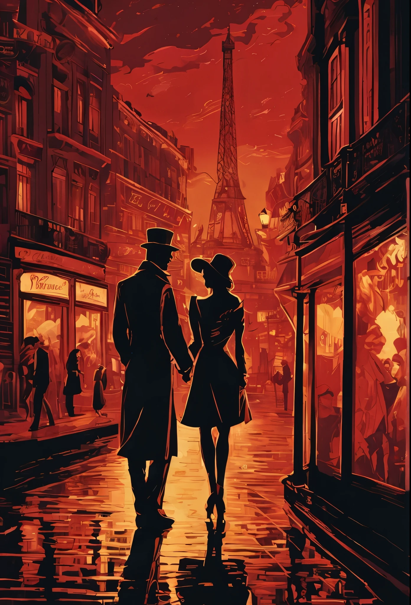 top quality, highres, High-quality illustrations, unparalleled masterpiece, arafed image of a couple in a city street at night, furry, anthro, kemono, moulin rouge, moulin rouge, movie artwork, concept art of love, movie art, movie poster painting, bestselling movie art poster, romance novel cover, martin ansin, inspired by Vincent Lefevre, belle epoque, romanticis, raphaël, cinematic lighting,