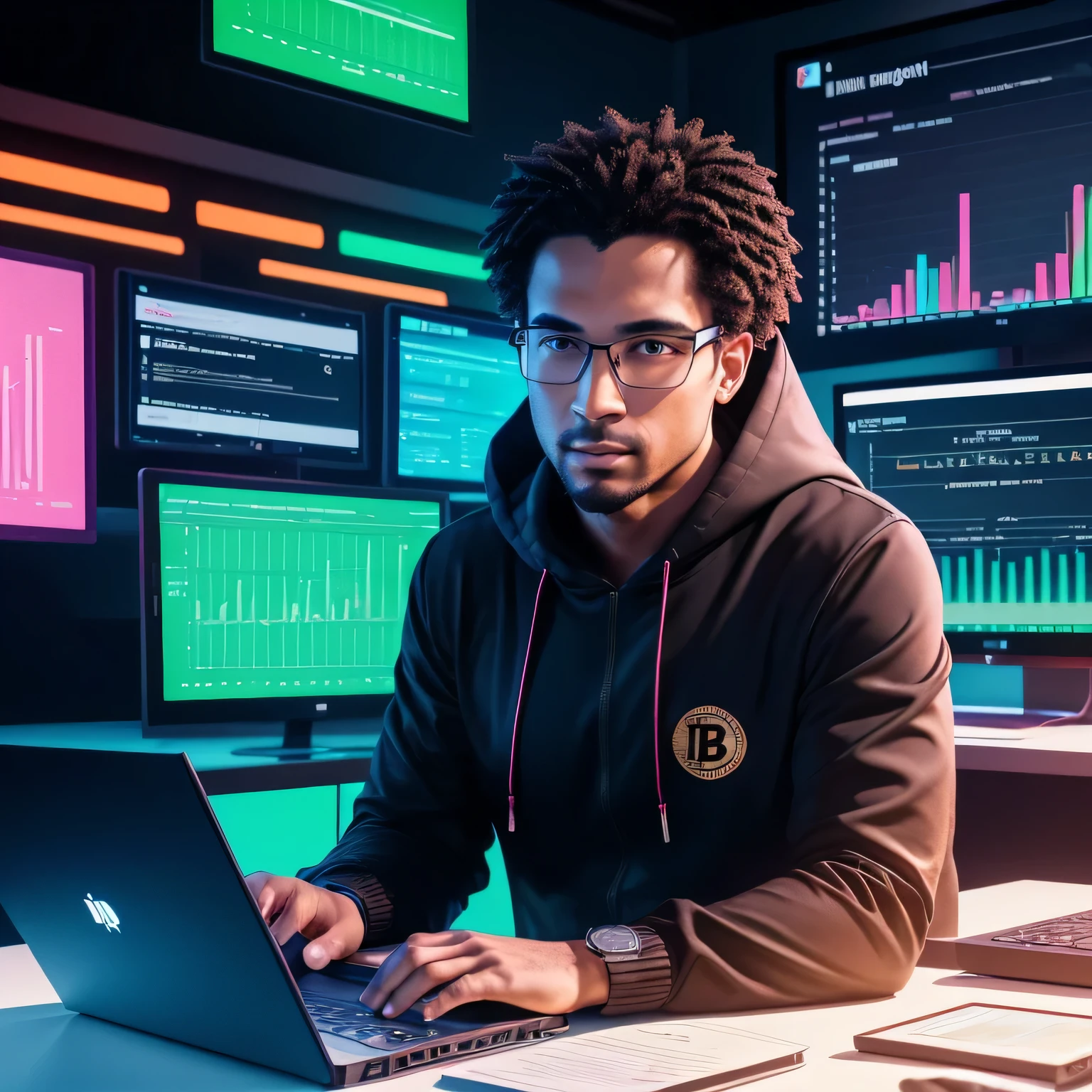 (best quality,4k,8k,highres,masterpiece:1.2),ultra-detailed,(realistic,photorealistic,photo-realistic:1.37),sharp focus,professional,studio lighting,self-assured expression,modern computer technology,holographic display,bitcoin logo,ethereum logo,detailed physical currency,dark hoodie,technology background,bitcoin mining rig,stacks of physical currency,secure digital wallet,stock market data,charts and graphs,online trading platform,transaction history,encrypted data,glowing lines of code,digital assets,advanced computer algorithms,ledger book,financial success,confident gaze,tech-savvy attire,serious and focused,expert in the field,financial charts,keyboard and mouse,high-tech office,smart glasses,keyboard warrior,vivid colors,glowing neon lights,luxurious lifestyle,nerdy yet stylish,innovative mindset,hustling and grinding,wealth accumulation,innovation and disruption,laptop screen,smartphone,jet black hair,professional businessman,crypto nerd,wealth and success,financial independence.