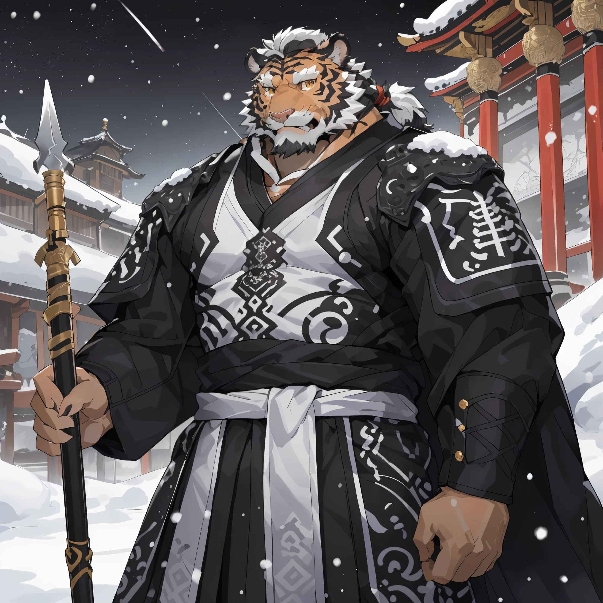 (白色tiger),(黑白阴阳general古代战袍),Holding a halberd,Powerful posture,Standing calmly,(The background is a city covered with ice and snow:1.2),abdominal muscles,heroic posture飒爽,完美的masterpiece,Various facial details,distance perspective,specific description,masterpiece,cg,(golden eyes),Black and white pattern,crimson tail,general,heroic posture,tiger,Black and white fur,Concrete facial details,Half body,(黑白阴阳general战履),(Chang Ling),((middle aged)),(face focus),(16k),HD,black and white belly,temple,beard,(Face lines),Different pupils,(Black and white yin and yang ancient war robe),(black and white hair),Strong,muscle,(high resolution:1.3),(Standing in front of the city covered with ice and snow),(Close up),(Detailed face:1.3)