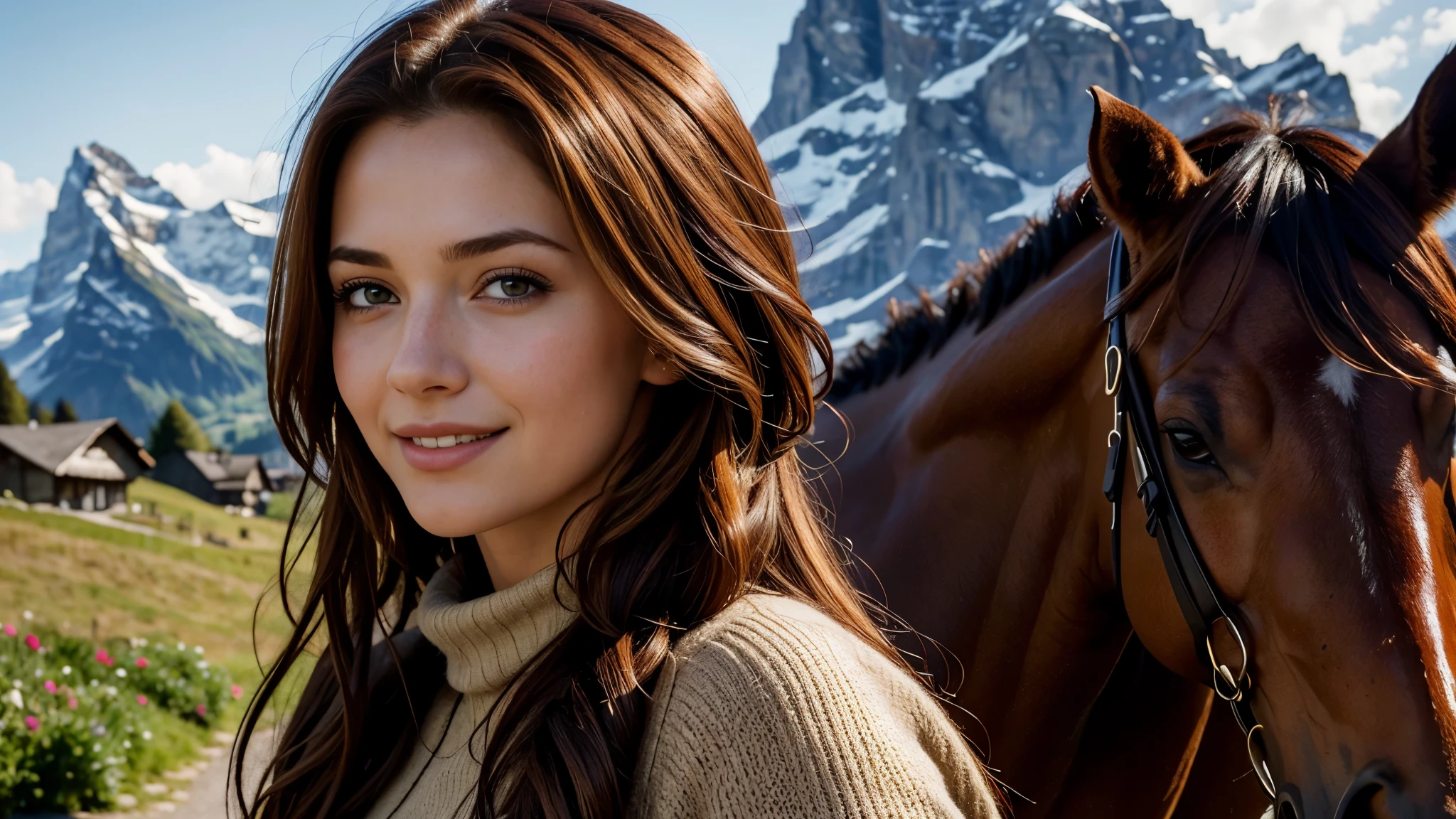 masterpiece, Best Quality, Photorealistic, Ultra-detailed, finely detailed, High resolution, 8K Wallpaper, 1 beautiful woman, light brown hair, Perfect dynamic composition, Beautiful detailed eyes, detailed hairs, Detailed realistic skin texture, Smiling, portrait, Model body type, The background is the village of Grindelwald, Switzerland,