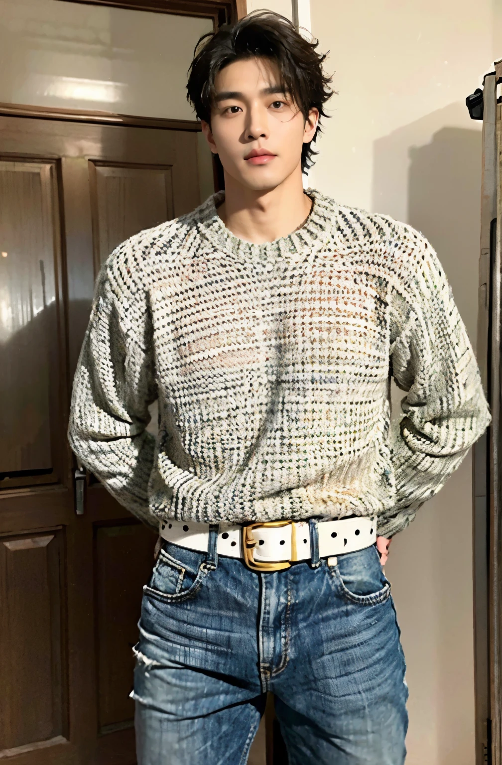 1 handsome Korean guy，36 years old，mature attractive man，Elite Men，Who is Shi Yu?, Li Yuanbin, Kim Hyung Tae, Kim Hyung Tae, Yin Shishan, Handsome Korean muscular guy，Broad shoulders and narrow waist，A handsome guy wearing a sweater, belt and jeans，Form-fitting fabric contours the bust，in a remote warehouse，hands tied behind back，Hands tied behind the back，hands tied behind back，Masculine and sexy，High，Muscles look good，hairy body，Wheat complexion，black eyes（thin eyes 1：3），whole body image