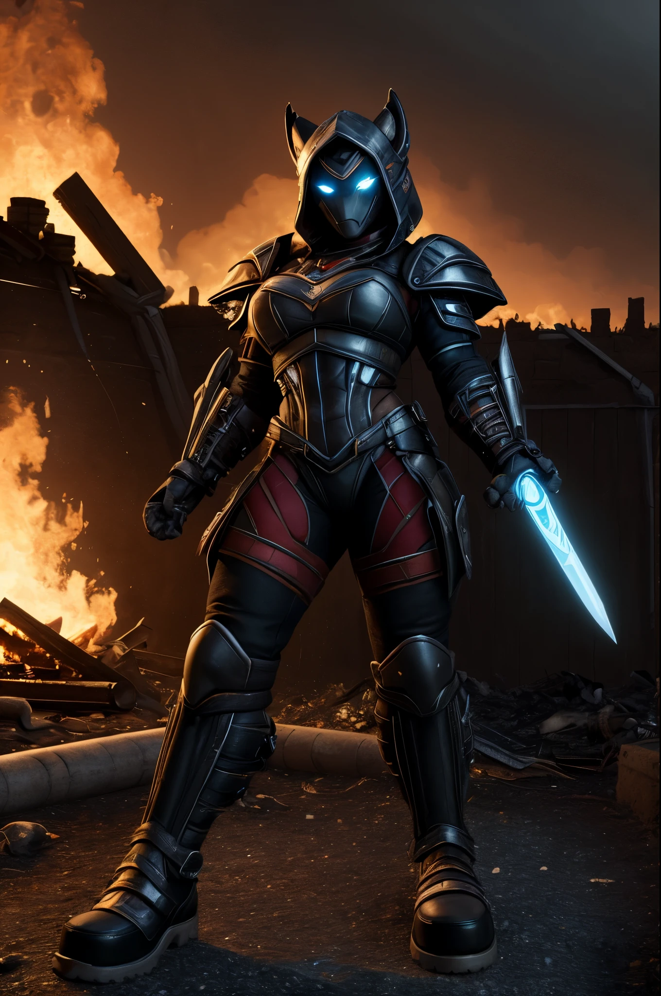 cyber samurai, green armor,holding two sword, glowing eyes,glowing armor, jade,background,fire,burned houses