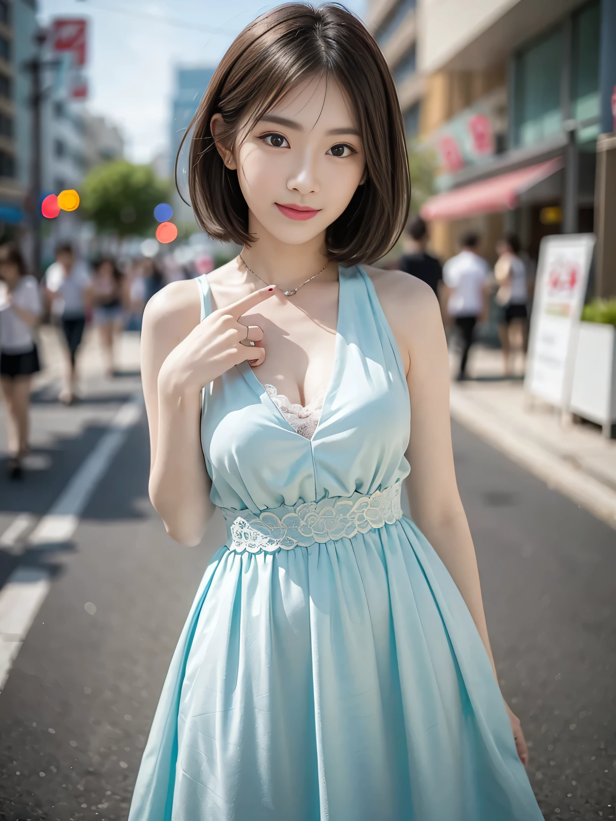 24 year old、Beautie、a woman posing on the street corner with light blue dress on、top-quality、女の子 1 a person、large full breasts、tag、with light glowing、blur backgroun、bokeh dof、outside of house、(Street:0.8)、(a person々、Large crowds:1)、(lace-trimmed)doress:1.5、Sleeveless dress、Water-colored suit、Light blue high neck dress:1.2、Blue Dress:1.5)、a gorgeous(short-hair、Forehead:1.2)、Beautiful sky with details、耳Nipple Ring、(dynamicposes:1.2)、 (The upper part of the body:0.8)、Soft lighting、the wind、glowy skin、A smile、、Korean Idol、Nogizaka Idol、hposing Gravure Idol、Adults、actress、cute little、