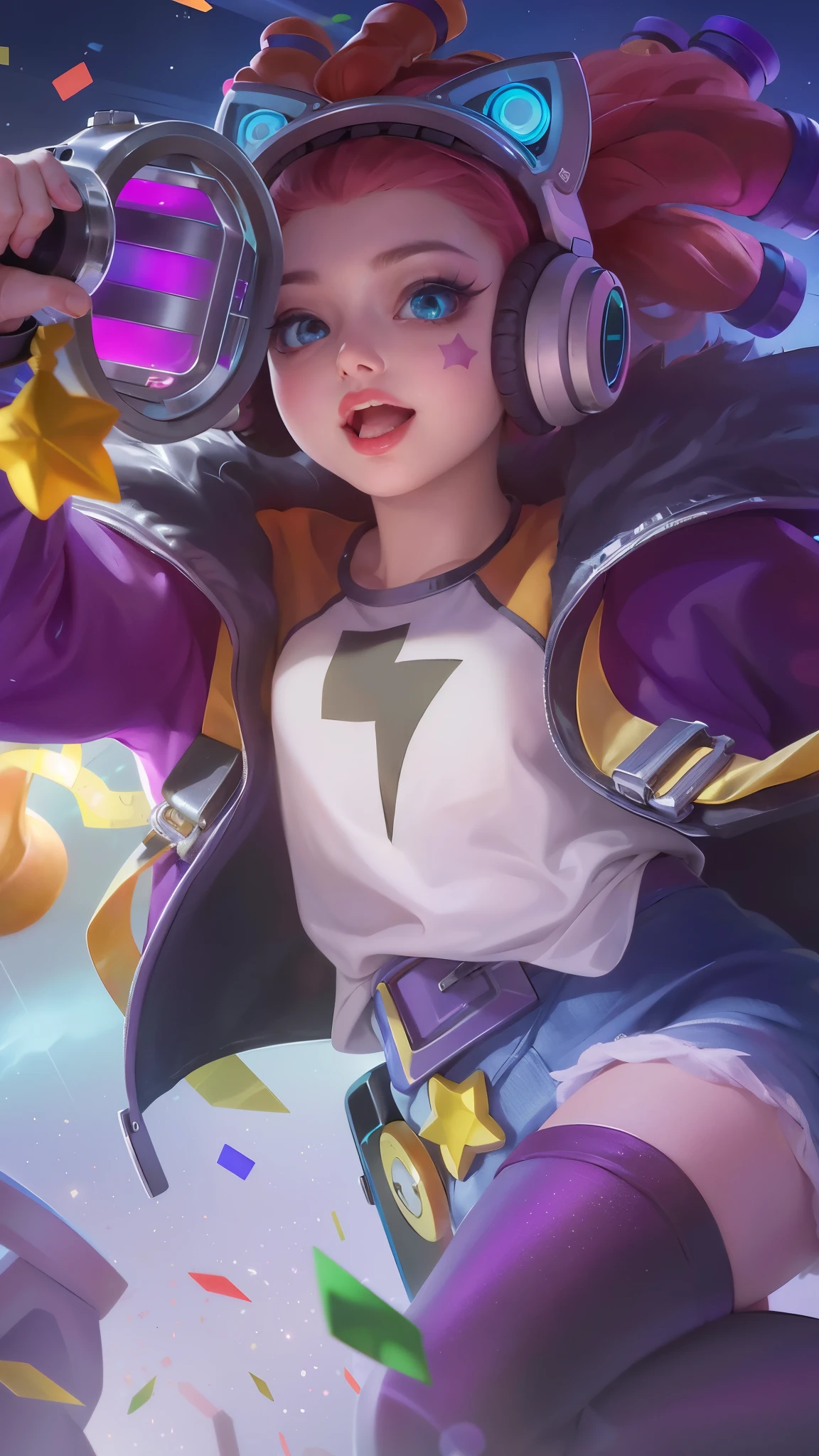 (8k, RAW photo, photorealistic:1.25) ,( lipgloss, eyelashes, gloss-face, glossy skin, best quality, ultra highres, depth of field, chromatic aberration, caustics, Broad lighting, natural shading,Kpop idol) looking at viewer with a serene and goddess-like happiness, there is a woman with headphones on holding a nintendo wii controller, youthful taliyah, kda, orianna, extremely detailed artgerm, artgerm lau, artgerm jsc, style artgerm, zenra taliyah, ! dream artgerm, official splash art, range murata and artgerm, ig model | artgerm.