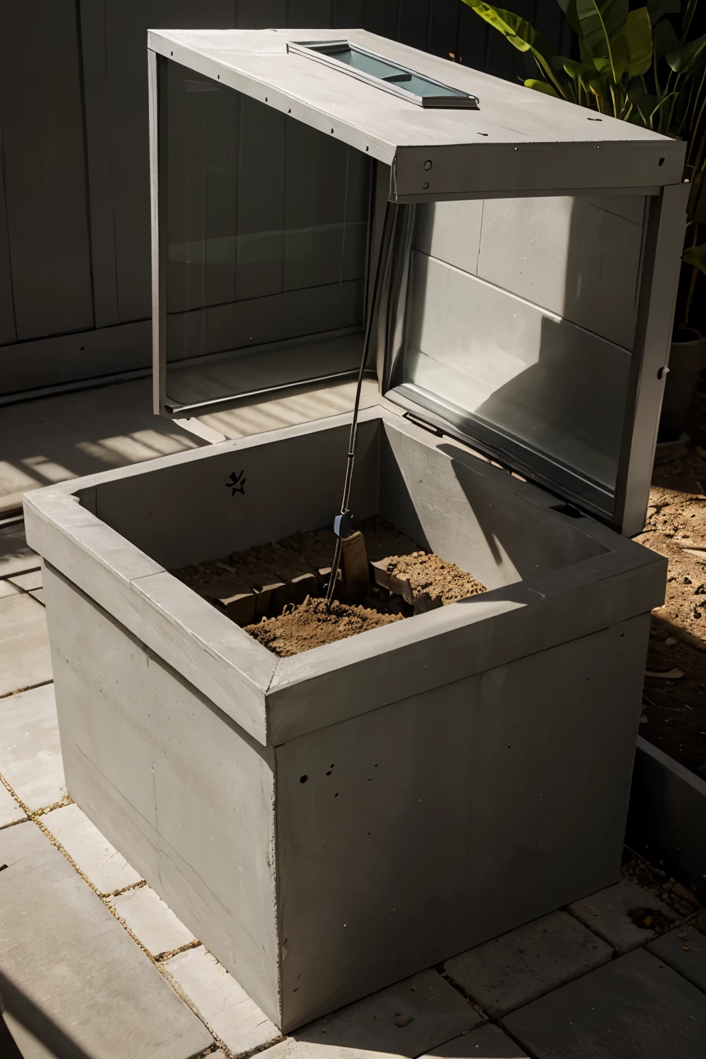 A small box seed germination chamber that constructed with cement that covered with flywood outside the constructed cement, inside the cement it form like a box that has an space in the middle for soil and rocks with a flowing water inside the chamber (horizontal pov) do it wthout the plant just the chamber
