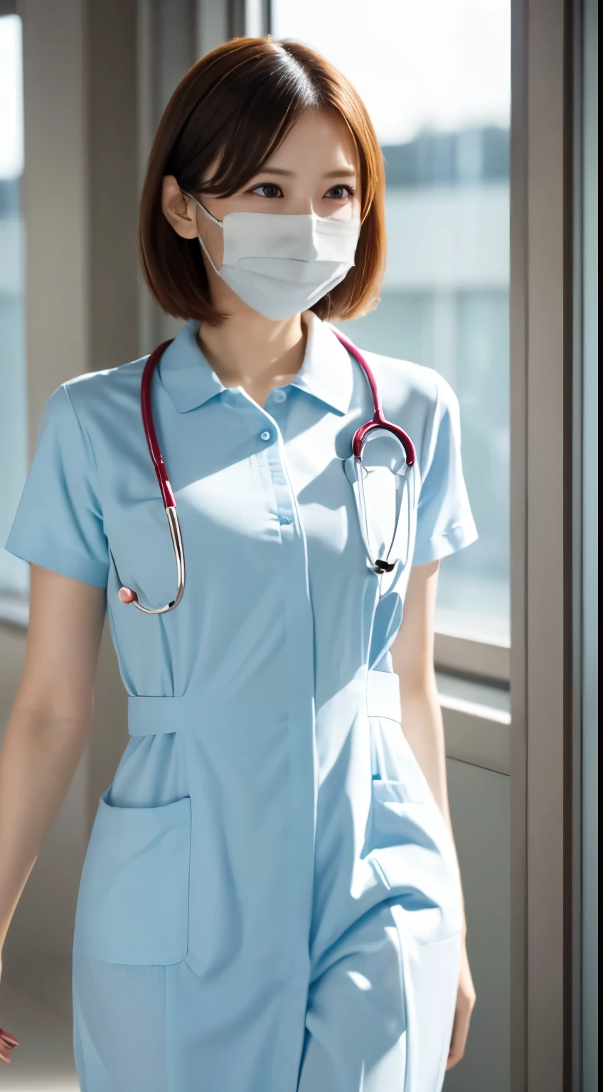 Photorealistic beautiful doctor、amazingly beautiful、((nurse uniform))、(highest quality、8k、32K、masterpiece、nffsw:1.3)、ultra high resolution,(Photoreal:1.4),RAW photo, detailed face,,beautiful hair,medical mask、 (((white mask))),very short hair 、nipple、 natural makeup,, small perfect breasts、(walk through the hospital lobby), detailed background, perfect lighting, Depth of written boundary, beautiful shadow gradation,((doctor stethoscope)) ,、thin limbs、thin thighs、(whole body)、backwards、