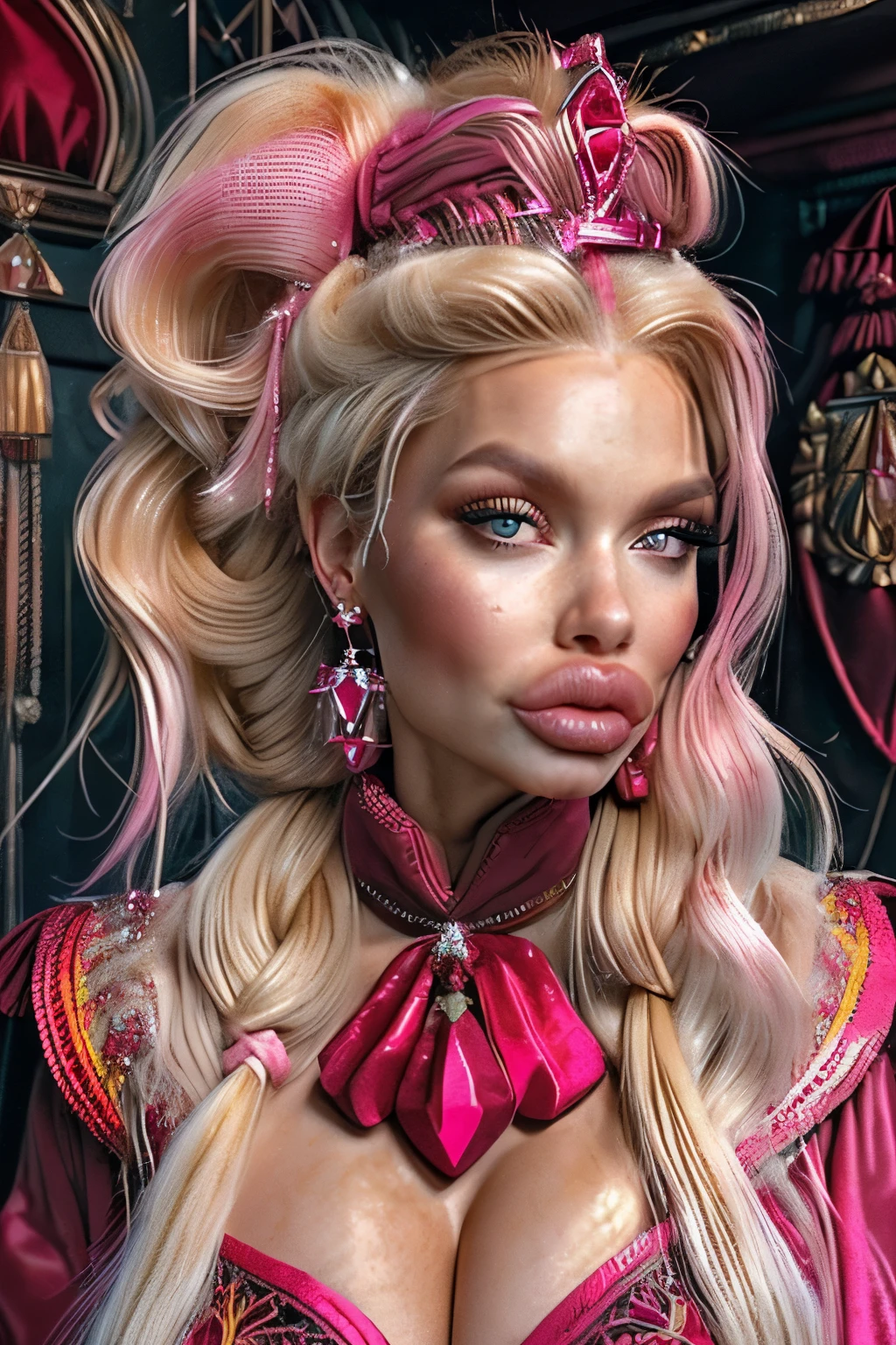 (masterpiece, best quality, blonde woman, big hair, huge ponytail, glamour, luxury, oversized breast, pouting,,(pink gryffindor uniform), amazed (bimbolips) in style of ruby and diamond, j_gemstone, fantasy, academy, medium distance
