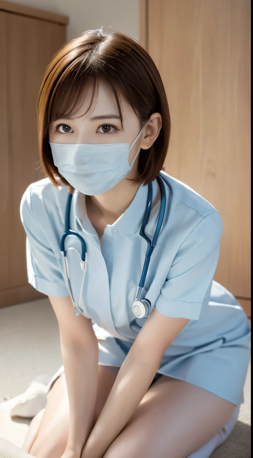 Photorealistic beautiful doctor、amazingly beautiful、((nurse uniform、nurse cap))、(highest quality、8k、32K、masterpiece、nffsw:1.3)、ultra high resolution,(Photoreal:1.4),RAW photo, detailed face,,beautiful hair,medical mask、 (((white mask))),very short hair 、nipple、 natural makeup,, small perfect breasts、(walk through the hospital lobby), detailed background, perfect lighting, Depth of written boundary, beautiful shadow gradation,((doctor stethoscope)) ,、thin limbs、thin thighs、(whole body)、backwards、