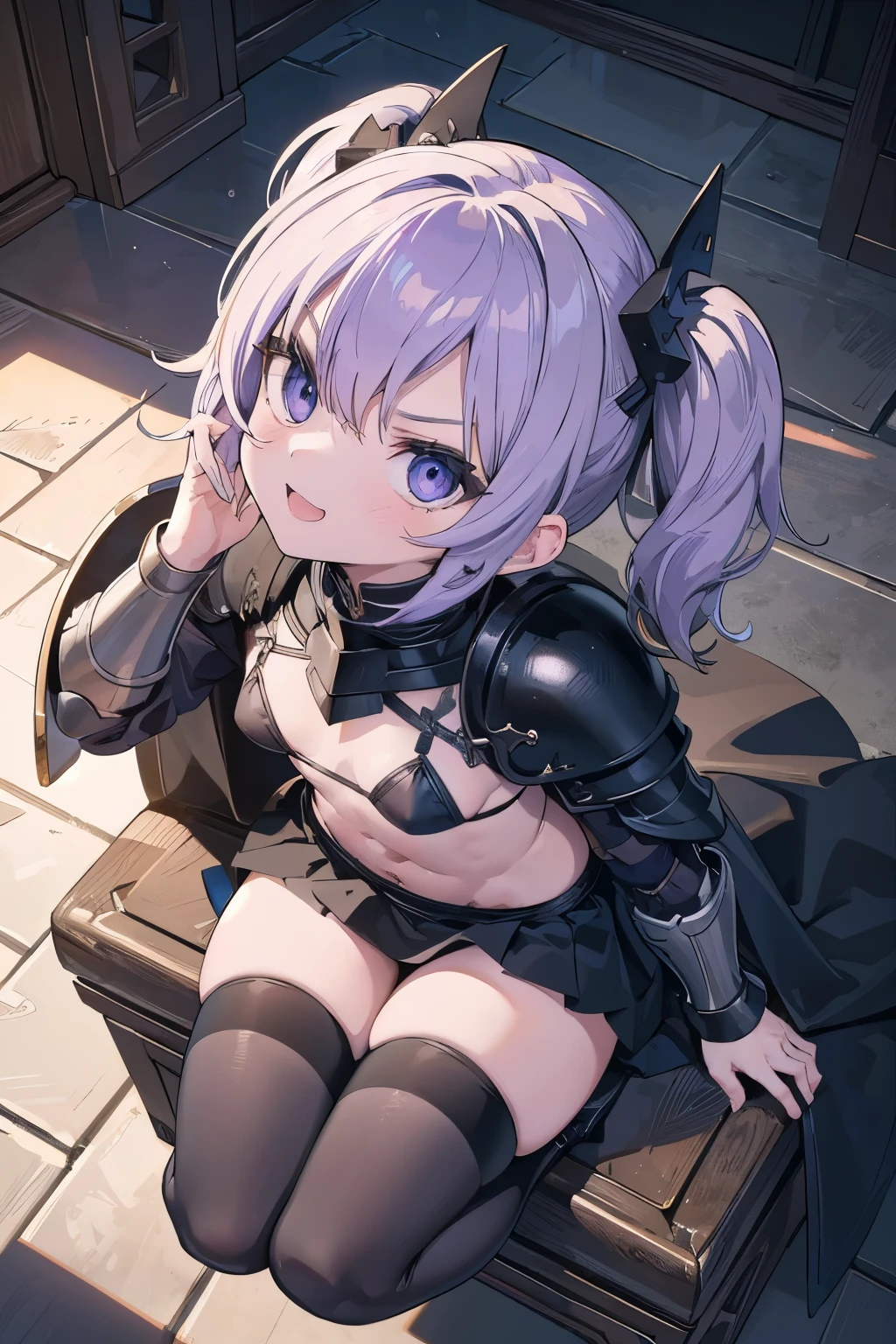 masterpiece, middle ages, Castle, 1 boy, gray eyes, purple hair, twintails, short hair, ((black bikini armor knight)), cute eyes, medium breast, ((((glaring)))), ((from above)), ((front)), open mouth, Vivid depiction, , ((abs)) ahegao, ((small breasts)), dark black knight armor, black robe, skirt, Thighhighs, hair ornament, smile+happy, smile sitting in a chair (tooth), ((looking up:1.35))), face close up