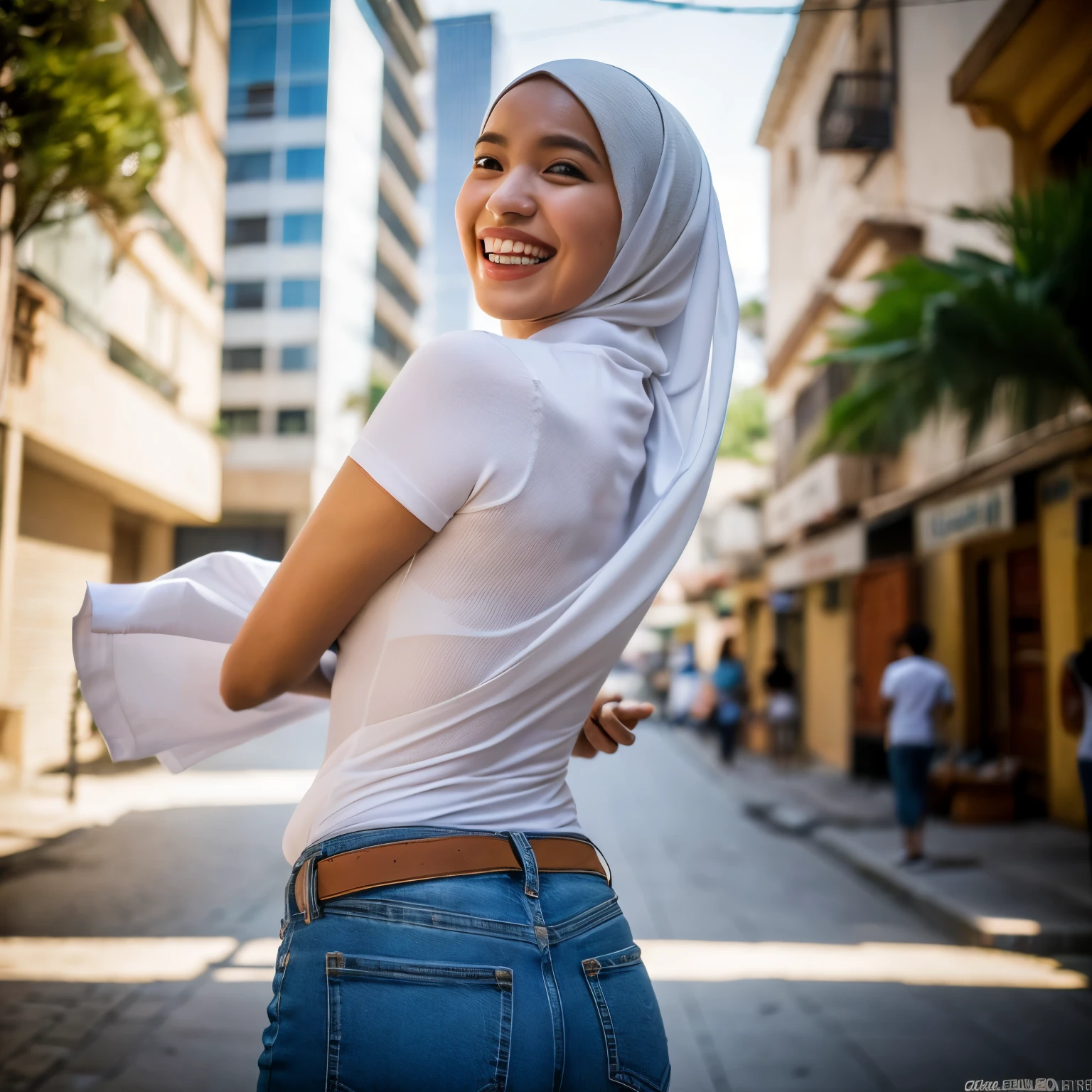 1 malay woman in hijab,((wear tight white shirt with tigh jean)),(big buttockig round ass, , laughing smile, (hijab flying), de pele branca,big breasts thin waist, mexico-style street, Hyper-Realism, Cinematic lighting, depth of fields, From back below, vanishing point, F/2.8, Anatomically correct, Textured skin, Super Detail, awardwinning, Best Quality, hight resolution,