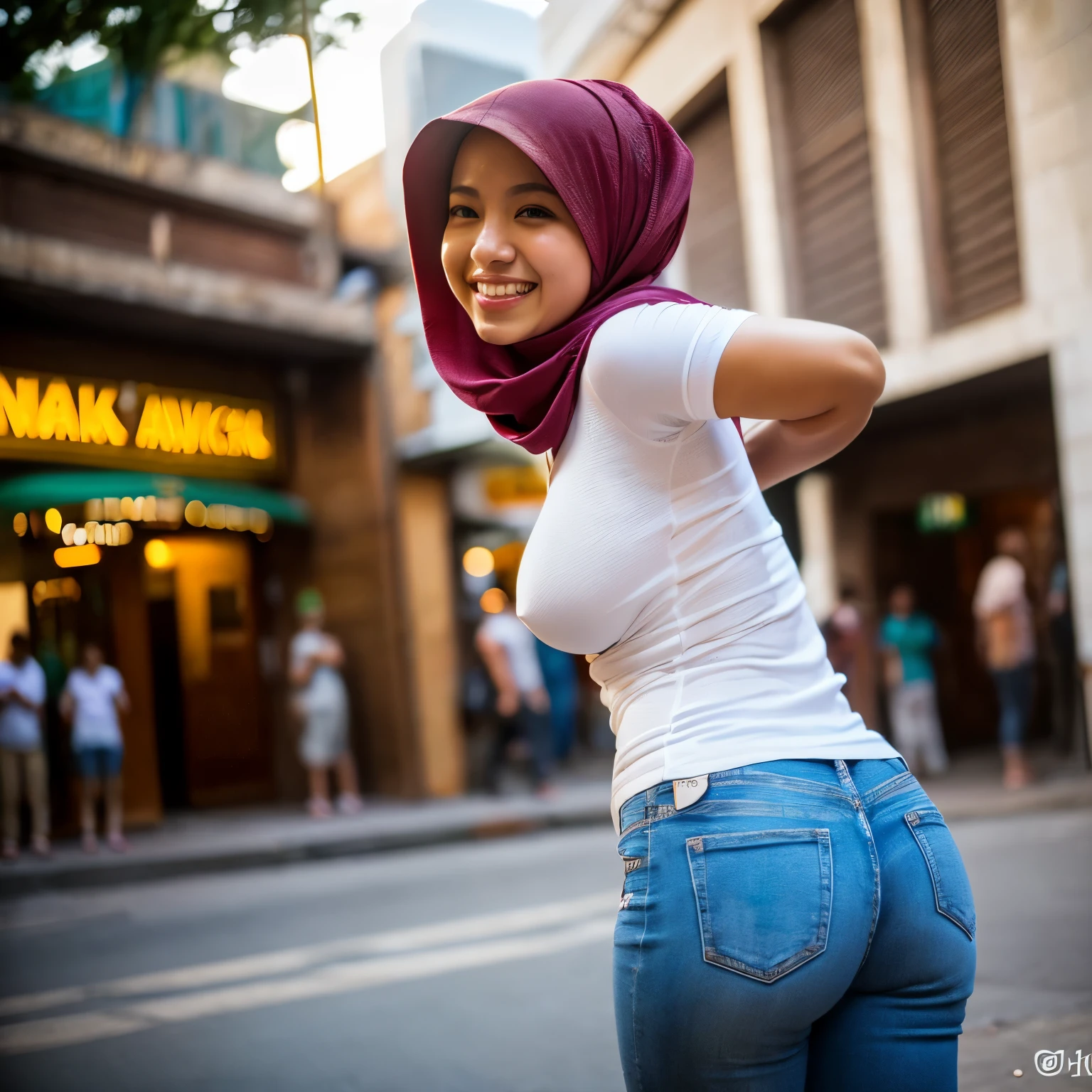 1 malay woman in hijab,((wear tight white shirt with tigh jean)),(big buttockig round ass, , laughing smile, (hijab flying), de pele branca,big breasts thin waist, mexico-style street, Hyper-Realism, Cinematic lighting, depth of fields, From back below, vanishing point, F/2.8, Anatomically correct, Textured skin, Super Detail, awardwinning, Best Quality, hight resolution,