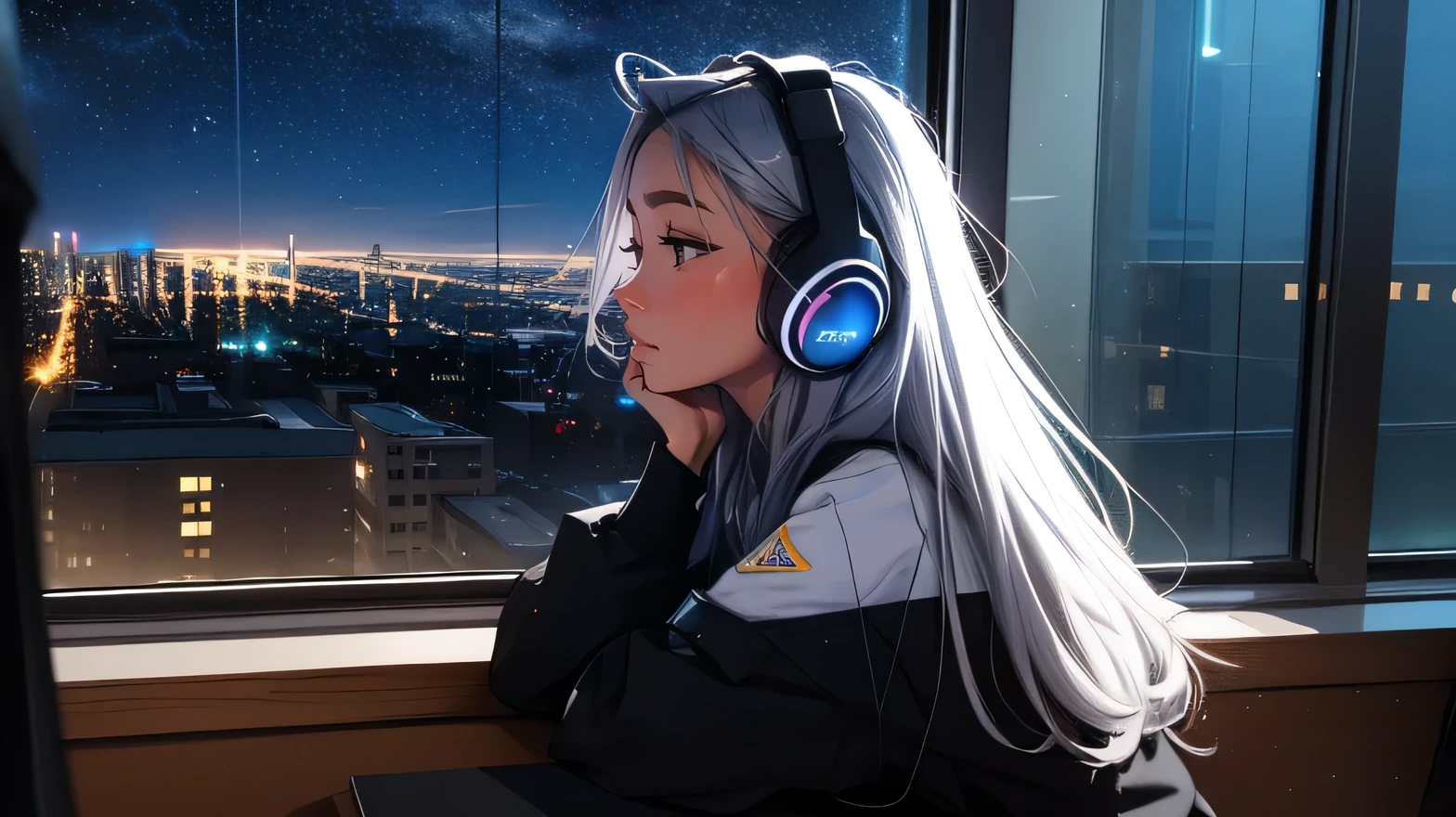 library, Sit by the window, wearing headphones, take a pensive posture, look at the stars, My head got stuck in the glass, night city, beautiful starry sky, Beautiful girl, UHD Portraits, (high quality) (ultra detail) Observation of a viewer wearing hip-hop style street clothes; different, fancy, long colored silver hair 🌈