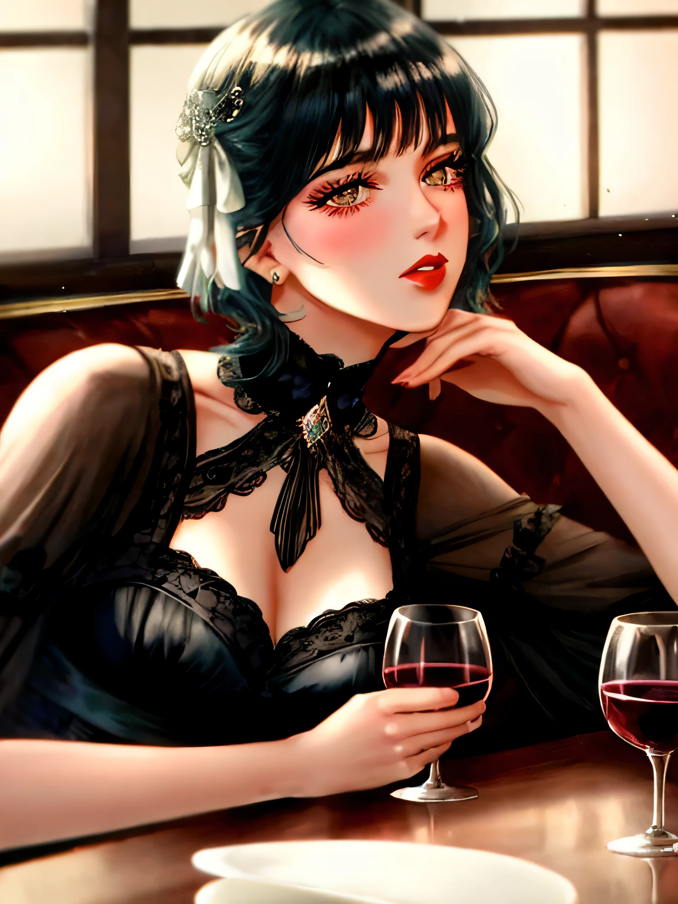 "Catherine Rousseau, a 42-year-old woman in a classic black evening dress with a side slit, showcasing her slender yet curvaceous figure and narrow waist. Her gentle blushed cheeks complement her radiant smile and warm expression, accentuated by minimal makeup and deep blue eyes. Auburn hair styled with an elegant hairpin, and her neck graced with a pearl necklace, with matching pearl earrings sparkling under the bar's soft lights. Holding a vintage wine glass, reflecting the bar's ambient light. Captured in the Garden of Venus setting. Camera: EE 135mm lens, medium shot, with soft studio lighting and HDR, high resolution (8K)."