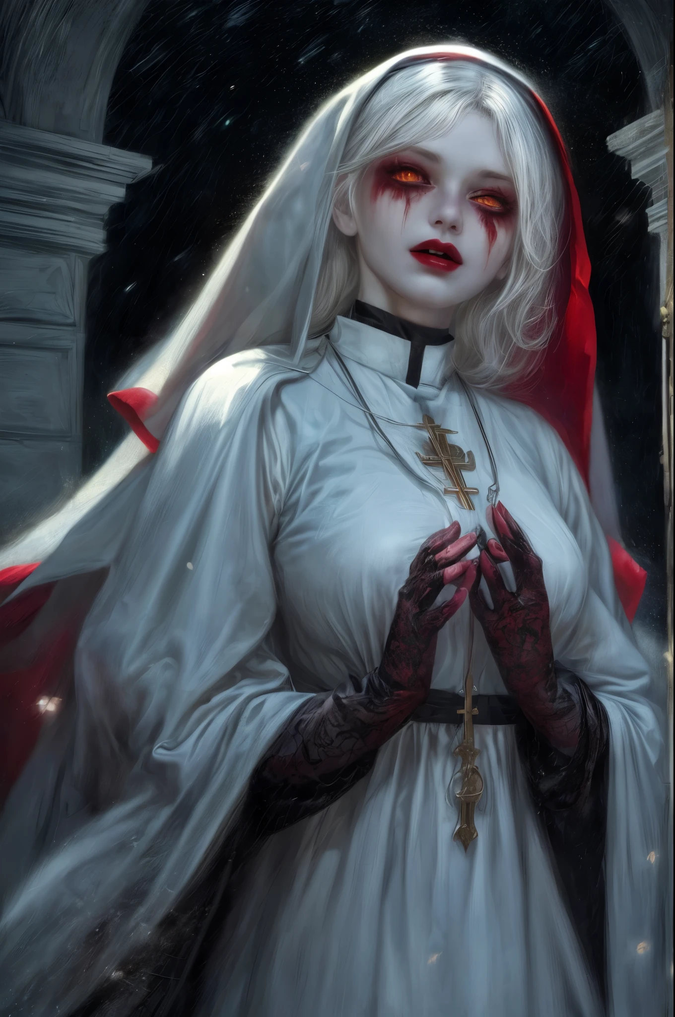 a picture of an exquisite beautiful female (nun: 1.3) vampire standing under the starry night sky on the porch of her monastary, dynamic angle (ultra detailed, Masterpiece, best quality), ultra detailed face (ultra detailed, Masterpiece, best quality), ultra feminine, (pale skin: 1.3), red hair, wavy hair, dynamic eyes color, cold eyes, glowing eyes, intense eyes, dark red lips, [fangs], wearing white nun habit (ultra detailed, Masterpiece, best quality), wearing blue cloak (ultra detailed, Masterpiece, best quality), long cloak, flowing cloak (ultra detailed, Masterpiece, best quality), wearing high heeled boots, sky full of stars background, moon, bats flying about, action shot, high details, best quality, 16k, [ultra detailed], masterpiece, best quality, (ultra detailed), full body, ultra wide shot, photorealism, dark fantasy art, dark fantasy art, gothic art, many stars, dark fantasy art, gothic art, sense of dread, bloodmagic