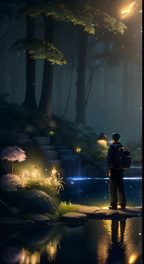 Masterpiece, best quality, (very detailed CG unity 8k wallpaper), (best quality), (best illustration), (best shadows), glow sprite, with a glowing deer, in the swimming pool Drinking water, natural elements in the forest theme. Mysterious forest, beautiful forest, nature, surrounded by flowers, delicate leaves and branches surrounded by fireflies (natural elements), (jungle theme), (leaves), (twigs), (fireflies), (particle effects) etc. 3D , Octane rendering, ray tracing, super detailed --v6, a school boy standing looking at the sky full of fireflies, view from side