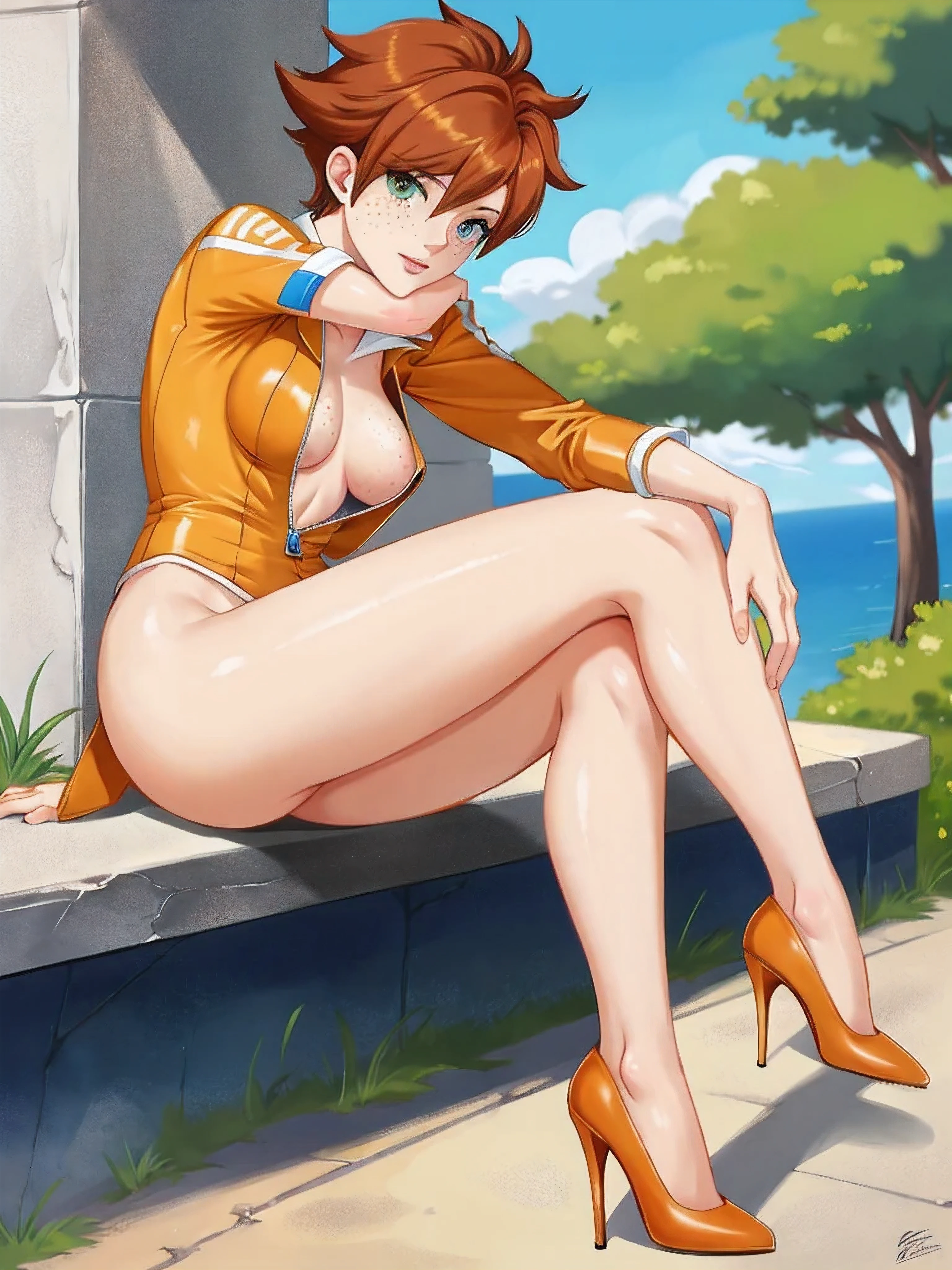 tracer, muslos, tacones altos, desnudo, pecas, session