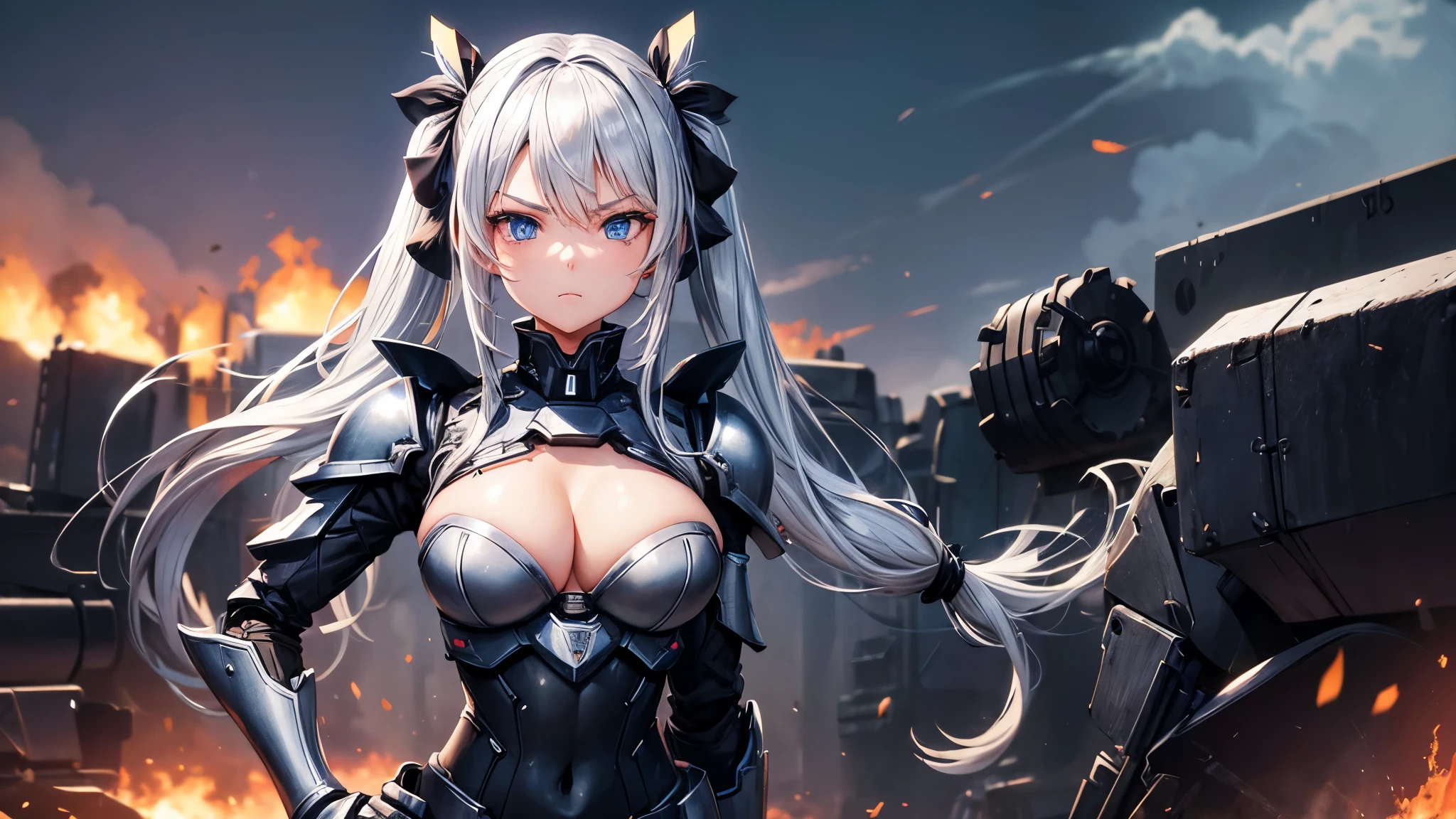 1girl, solo, silver hair, long hair, twintail, large breasts, black armor, blue bra, metal suit, robotic equipment, blue eyes, cleavage 1:3, war, guns, tanks, fire, explosion, aircraft, monster, looking at the viewer, hand on hip, standng, hair ribbon