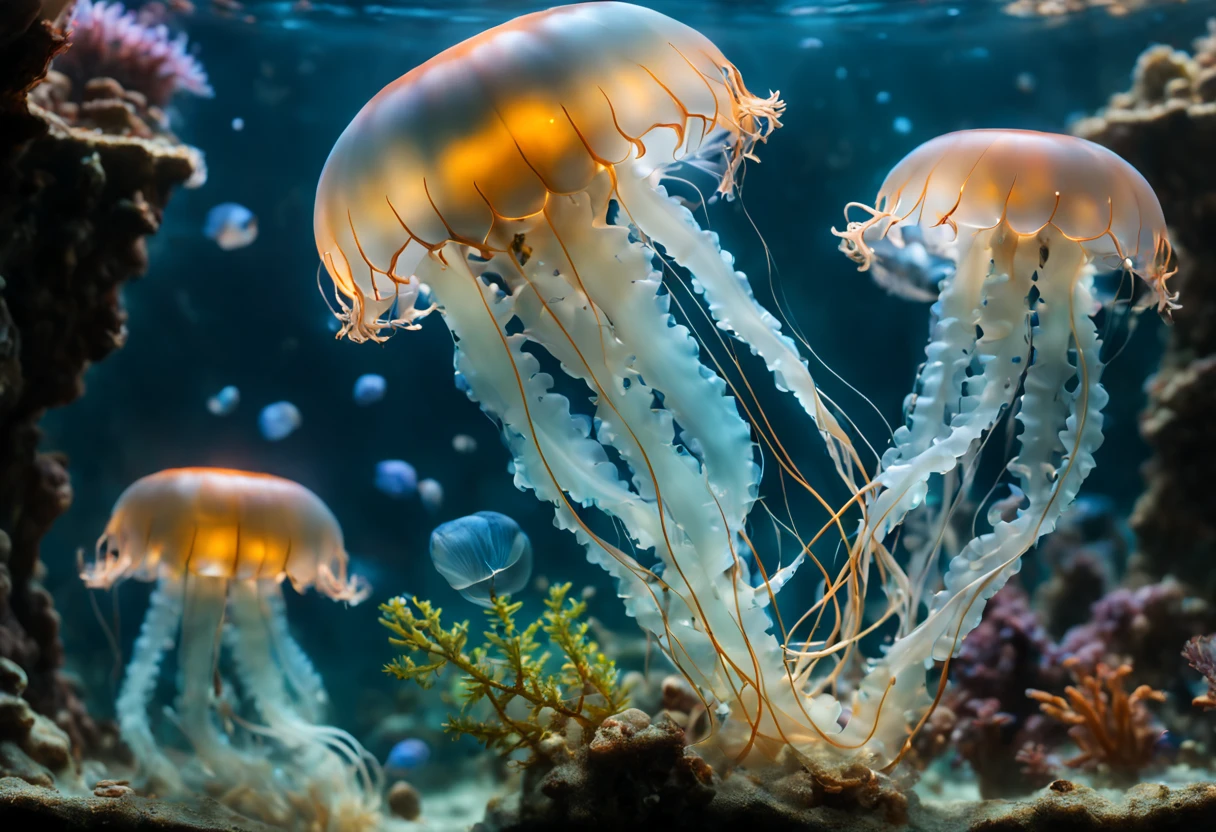 (a looking through the glass of an aquarium at some jellyfish),glass reflection,elegant aquarium tank,beautifully lit scene,colorful jellyfish floating gracefully,mesmerizing movement underwater,vibrant underwater world,sparkling water,curious 's expression,amazing marine creatures,delicate tentacles,translucent bodies,spectral lighting,shimmering colors,ethereal atmosphere,underwater tranquility,immersive aquatic experience,jellyfish pulsing and drifting,magical underwater encounter,serene and captivating scene,(best quality,4k,8k,highres,masterpiece:1.2),ultra-detailed,realistic:1.37,HDR effect,vivid and lifelike colors,soft and gentle glow,calming ambiance