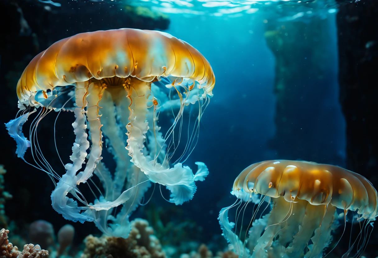 (a looking through the glass of an aquarium at some jellyfish),glass reflection,elegant aquarium tank,beautifully lit scene,colorful jellyfish floating gracefully,mesmerizing movement underwater,vibrant underwater world,sparkling water,curious 's expression,amazing marine creatures,delicate tentacles,translucent bodies,spectral lighting,shimmering colors,ethereal atmosphere,underwater tranquility,immersive aquatic experience,jellyfish pulsing and drifting,magical underwater encounter,serene and captivating scene,(best quality,4k,8k,highres,masterpiece:1.2),ultra-detailed,realistic:1.37,HDR effect,vivid and lifelike colors,soft and gentle glow,calming ambiance