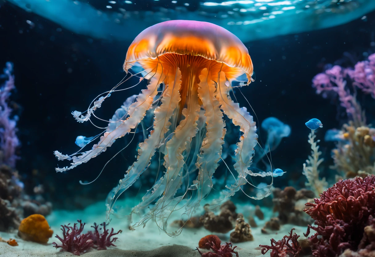 (a looking through the glass of an aquarium at some jellyfish),glass reflection,elegant aquarium tank,beautifully lit scene,colorful jellyfish floating gracefully,mesmerizing movement underwater,vibrant underwater world,sparkling water,curious 's expression,amazing marine creatures,delicate tentacles,translucent bodies,spectral lighting,shimmering colors,ethereal atmosphere,underwater tranquility,immersive aquatic experience,jellyfish pulsing and drifting,magical underwater encounter,serene and captivating scene,(best quality,4k,8k,highres,masterpiece:1.2),ultra-detailed,realistic:1.37,HDR effect,vivid and lifelike colors,soft and gentle glow,calming ambiance