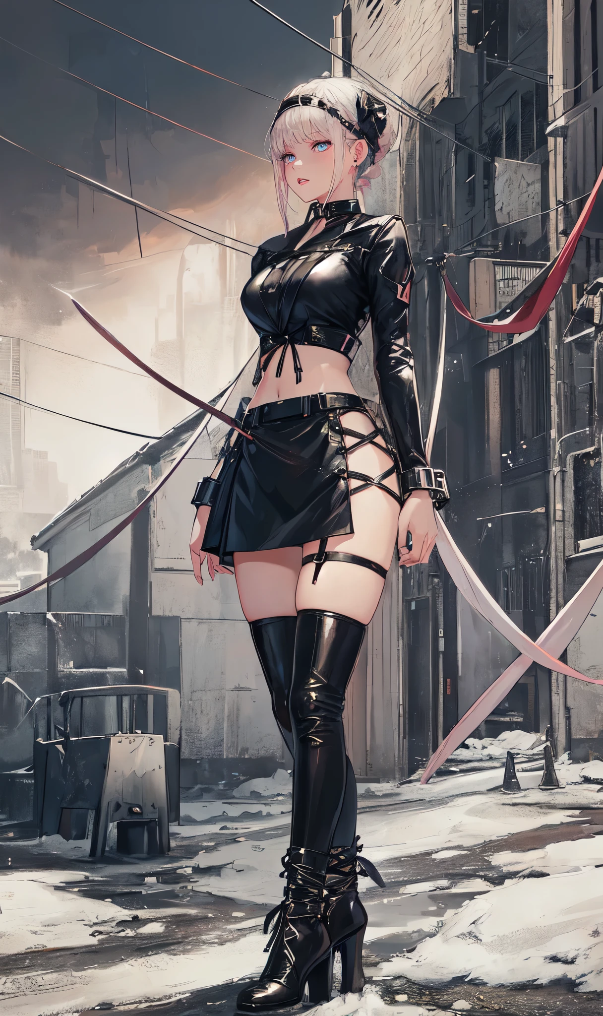 (extremely normal body)winter industrial town background,(white and black short hair：2.0),(tied up hair:2.0)issue card,Crystal earrings,Full body standing close-up,dream world,There are scars on the face,(Slender blue phoenix eyes,pink lipstick,long eyelashes),Gloves,Short sword,collar,(assassin&#39;tight combat uniform,Damaged midriff-baring combat uniform,Leather miniskirt,leg rings,belt：2.0)),Over the knee extra long high heel boots,lace up high heel boots,There are many straps on the legs,Detailed drawn background