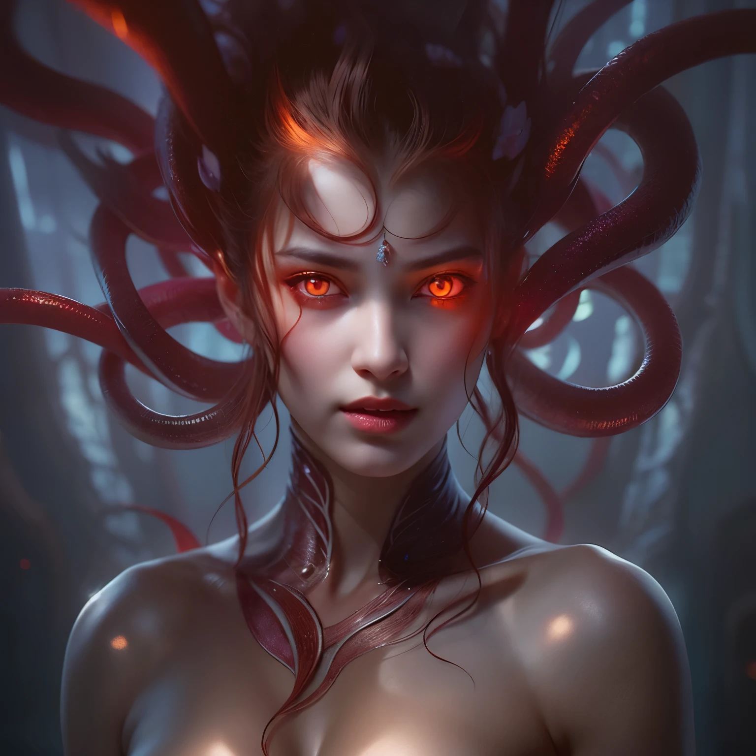 (1 extreamly beautiful female creature: 1.2), With a beautiful, enchanting face, this alien seduces us with her allure. Her captivating red eyes gleam brightly, reminiscent of burning embers. Her full body is unlike any human's, boasting a sexy, otherworldly form. No humans are present in this scene as she stands alone, her cells fused in a unique and intriguing extraterrestrial way.
(extraordinary beautiful nude photo:1.4), (glowing red eyes:1.5), (sexy and glamorous:1.1), (coquettish expression:1.2), toned lean body, (muscular:1.2), (beautiful abs:1.5), beautiful nipples,  She has lots of iridescent translucent tentacles instead of her hair, pale skin, (white skin with prominent veins:1.3), She is looking down at the viewers from above with a seductive smile that suggests a sexual invitation,  ultra realistic realism, High resolution, High freshness, draw faithfully, official art, Unity 8K wallpaper, Super detailed artistic photography,
Lots of iridescent translucent tentacles adorn her body, shimmering under the dramatic lighting. Her pale skin, with a hint of translucency, adds to her ethereal allure. This masterpiece, rendered in 