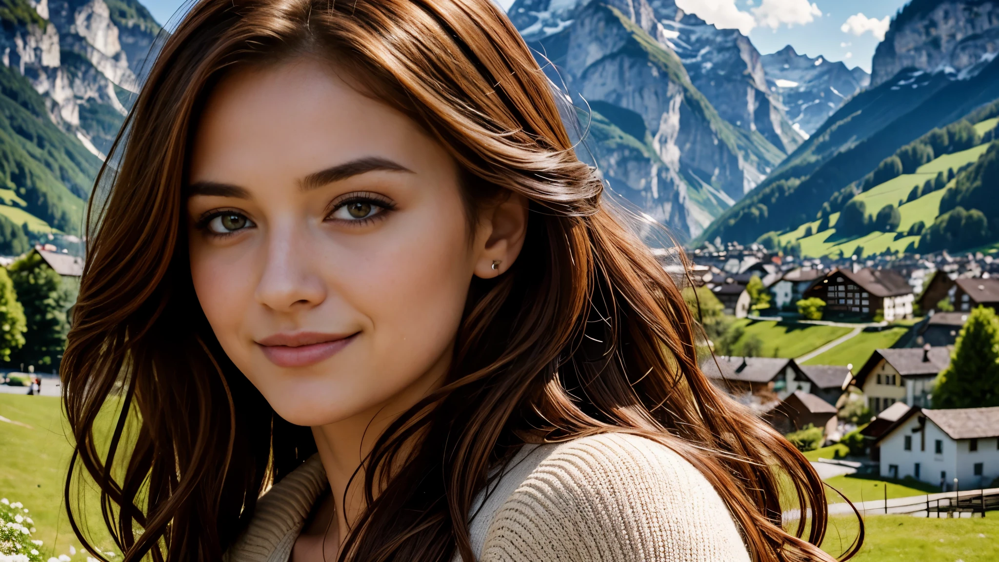 masterpiece, Best Quality, Photorealistic, Ultra-detailed, finely detailed, High resolution, 8K Wallpaper, 1 beautiful woman, light brown hair, Perfect dynamic composition, Beautiful detailed eyes, detailed hairs, Detailed realistic skin texture, Smiling, portrait, Model body type, The background is the village of Lauterbrunnen, Switzerland,