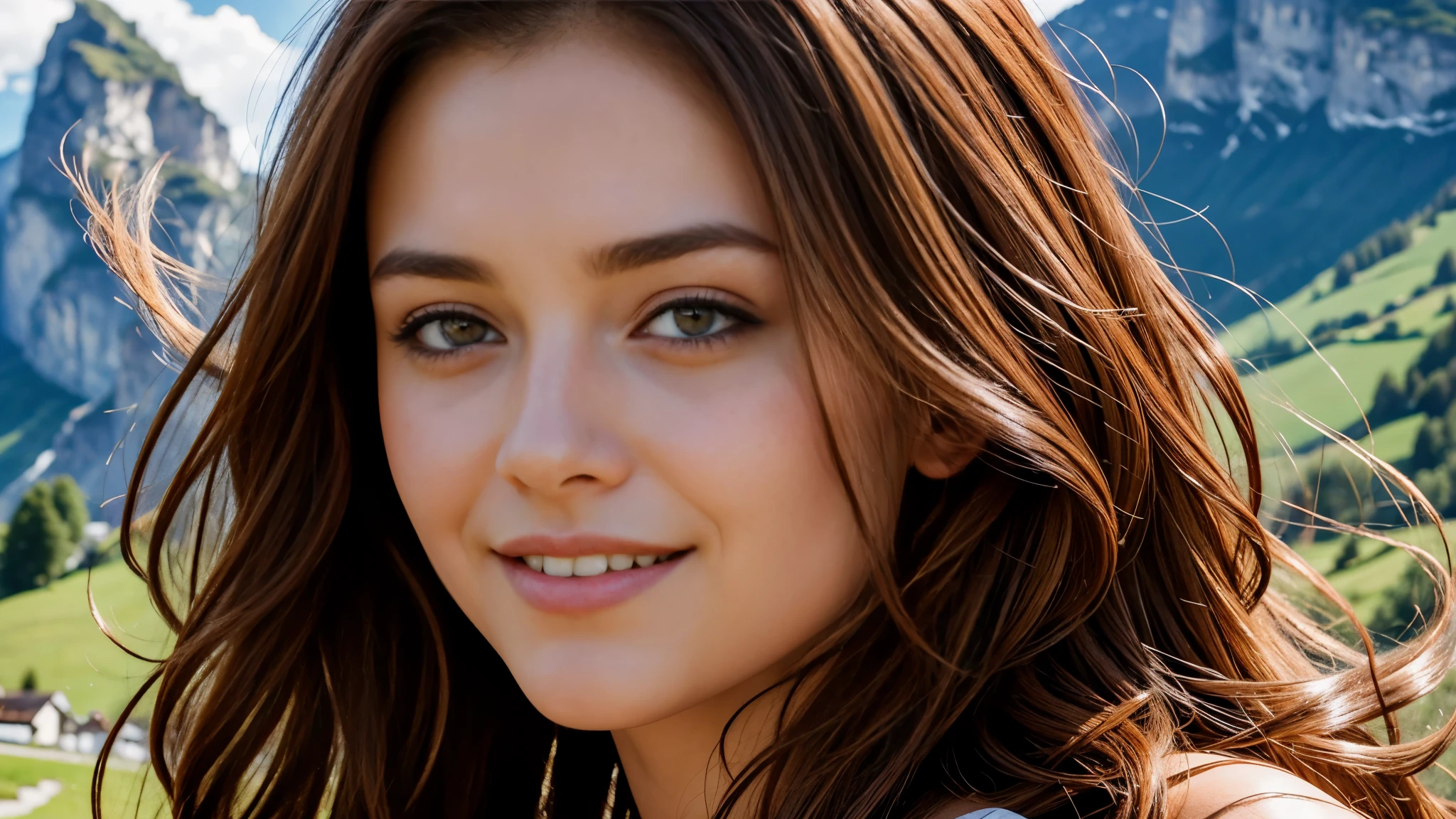 masterpiece, Best Quality, Photorealistic, Ultra-detailed, finely detailed, High resolution, 8K Wallpaper, 1 beautiful woman, light brown hair, Perfect dynamic composition, Beautiful detailed eyes, detailed hairs, Detailed realistic skin texture, Smiling, portrait, Model body type, The background is the village of Lauterbrunnen, Switzerland,