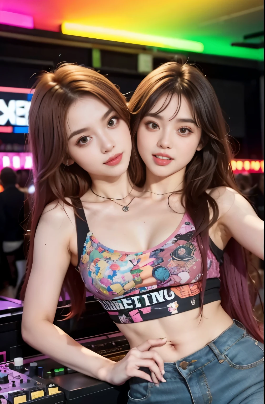 ((masterpiece: 1.4, best quality))+,(ultra detail)+, official art, unity 8k wallpaper, ultra detail, beautiful, high quality, Highlight your cute face, masterpiece, best quality, semi straight medium length hair, (((Always in the pro wrestling ring))), (Very light pink lace shoulderless lingerie:1.5)), (((bust:1.5))), High exposure, skinny body,masterpiece, high quality, 8 thousand, beautiful spotlight, no. No. 1 girl group idol in Korea, ((vivid:1.5)), ((brown eyes, yellow hair:1.3)), (Small and round breasts:1.4), ((colorful earrings, white neck choker, white short lace gloves)), 18 years old, small face, looking at viewer, (hairpin with larger ribbon:1.4),(skinny abs:1.3), (They look at each other and look very happy :1.5), ((Both cheeks turn red)), Accurately distinguishes between the bodies and limbs of two people.:1.5