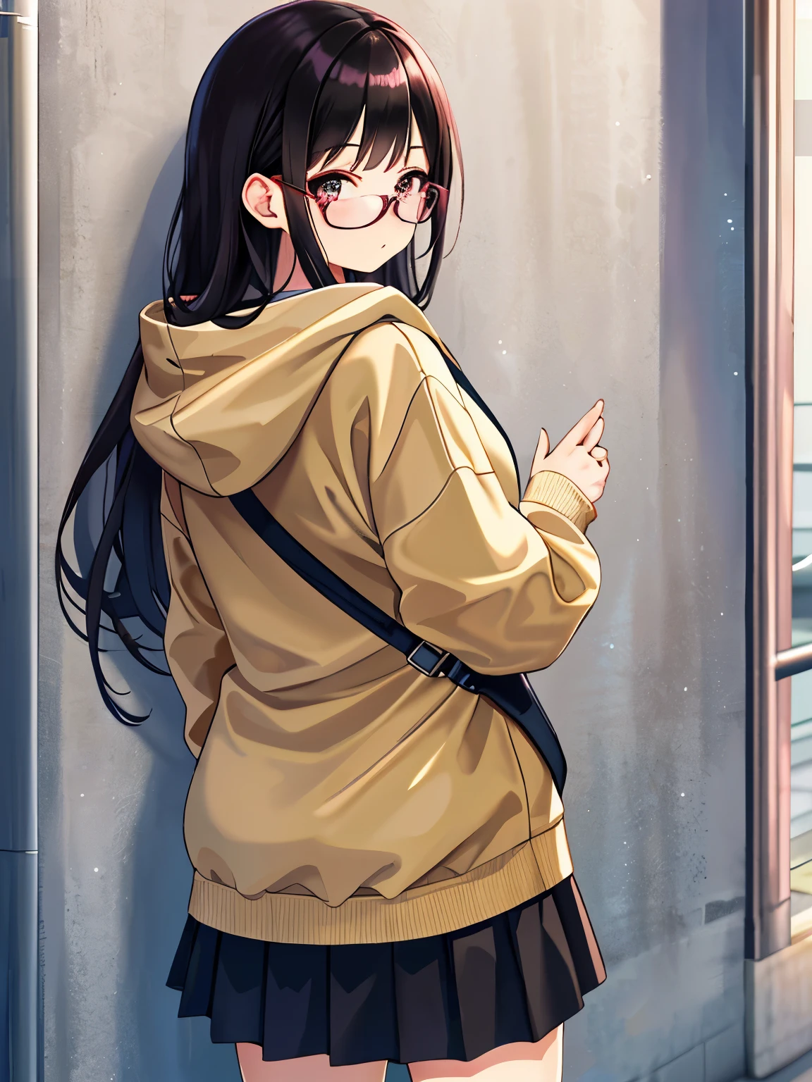 highest quality、30 year old adult woman wearing glasses、tall、Long horizontal hair with volume and no gaps、black hair、No expression、looking here、blushing cheeks、City Date、pink long skirt、Beige hoodie、I'm putting my hand in my hoodie、leaning with your back against the wall