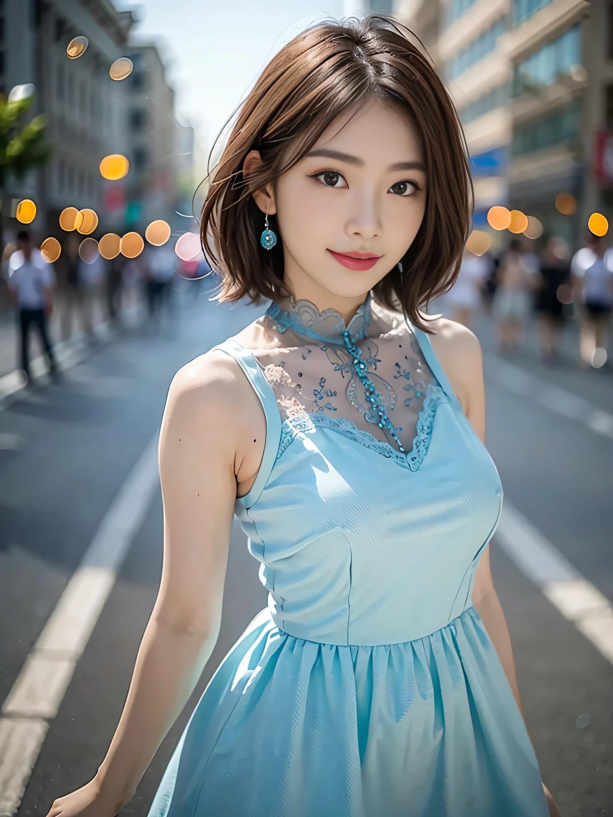 a woman posing on the street corner with light blue dress on, best quality, 1girl, large breasts, day, bright, blur background, bokeh, outdoor, (street:0.8), (people, crowds:1), (lace-trimmed dress:1.5, sleeveless dress, light blue clothes, light blue high-neck dress:1.2, blue dress: 1.5), gorgeous, (short hair, forehead:1.2), beautiful detailed sky, earrings, (dynamic pose:1.2), (upper body:0.8), soft lighting, wind, shiny skin, smile,